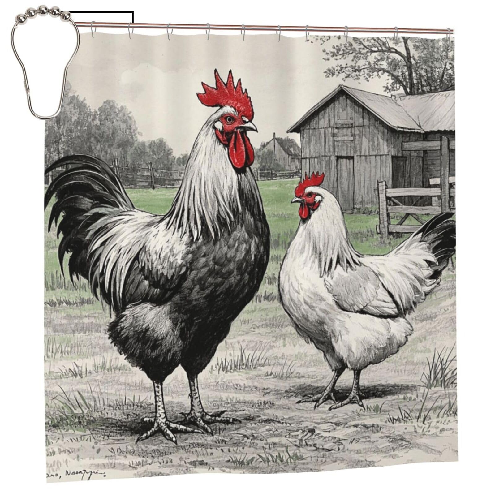 FodPand Rooster and Hen Sketch Farm Shower Curtain 70"x70" Waterproof Long Bathroom Curtain Heavy Duty Thick Cloth Bath Curtain Set with Hooks, Modern Abstract Art Pattern Bathroom Shower Curtains