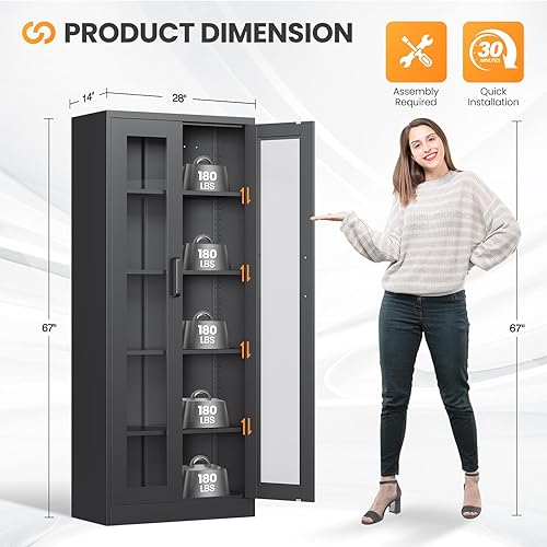 Miniatura 54 de Vitrina con cerradura con puerta de cristal, gabinetes Curio de metal de 71 pulgadas de alto con estantes ajustables, vitrina de licor blanco para