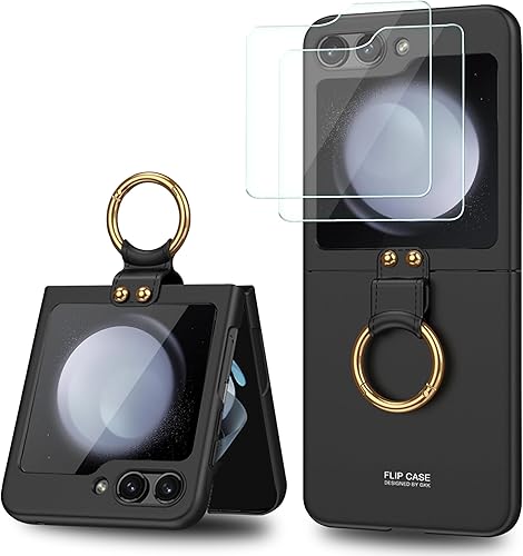 Funda para Samsung Galaxy Z Flip 5 con soporte de anillo, anticaídas, a prueba de golpes, con protector de pantalla (negro)