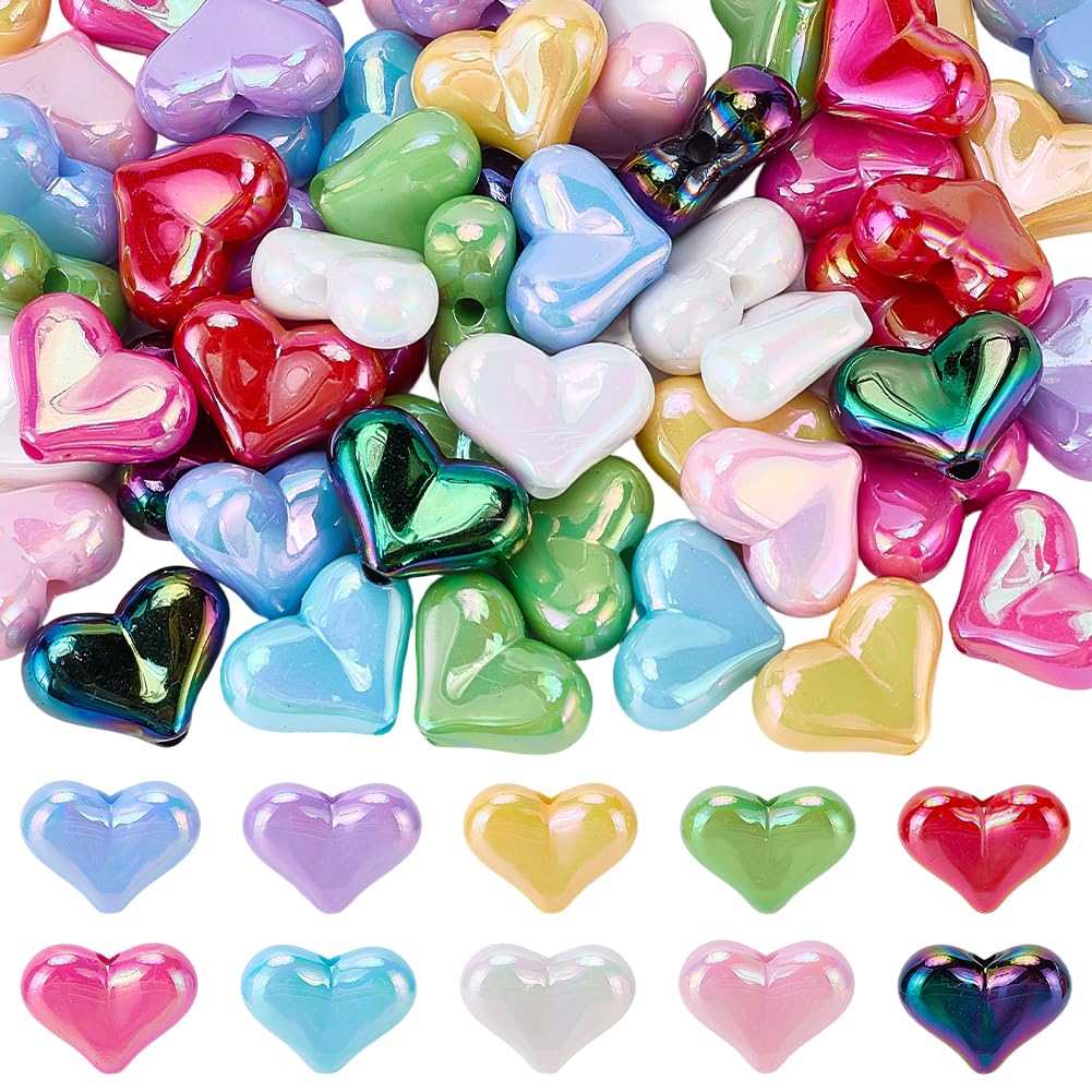 SOFPLATE 80Pcs 10 Colors Large Heart Beads Acrylic Focal Beads Bulk 16.5mm AB Color Smooth Bubblegum Chunky Heart Shaped Focus Spacers for Jewellery Making Bracelets Beadable Pens Keychain Craft Adult