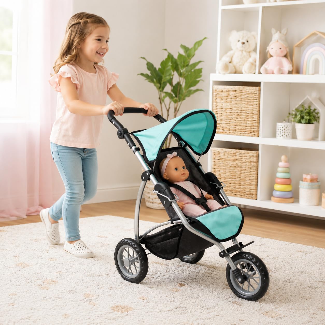 Bayer Chic 2000 - Wózek dla lalek Leon, jogging Buggy, dla dzieci w wieku od 4 do 8 lat, melanż, ciemnoszary, miętowy, 75 x 40 x 73,5 cm