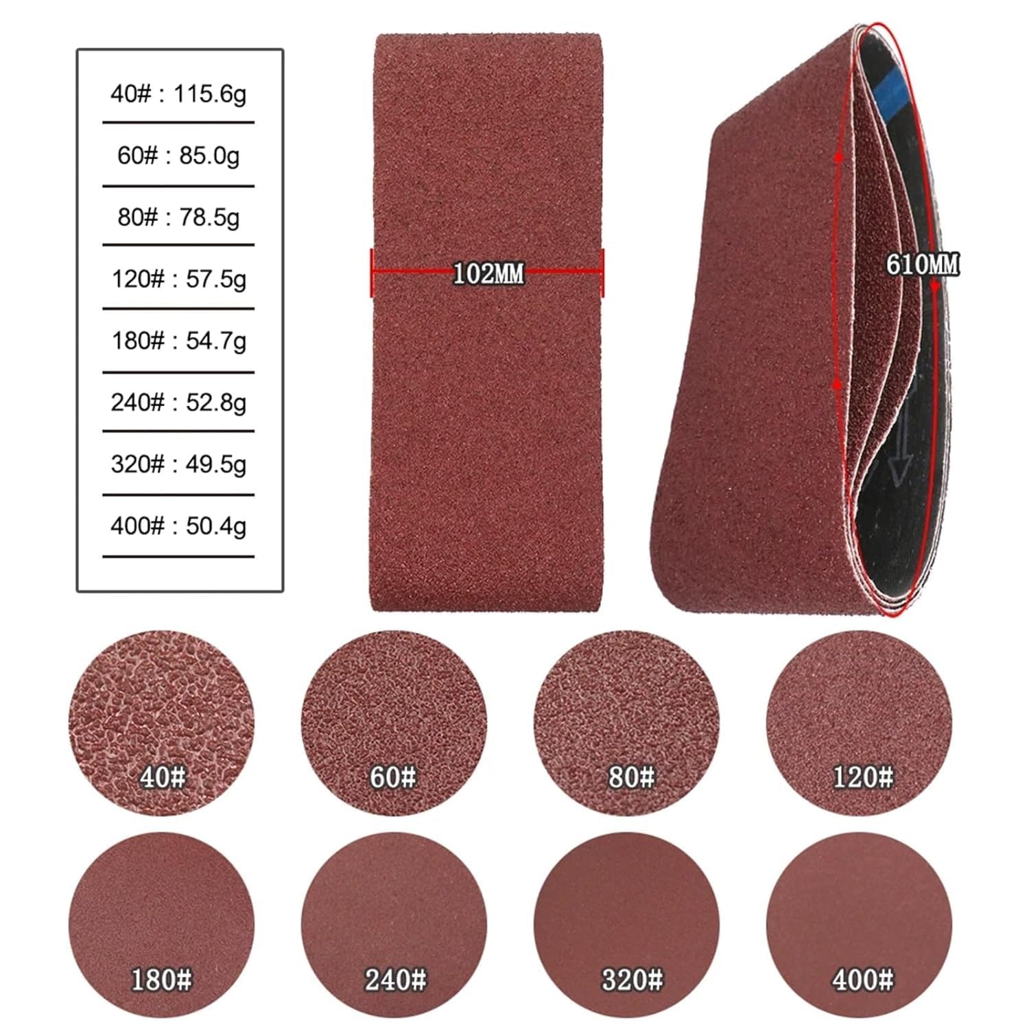 Juego de 10 bandas de lijado de 100 x 610 mm, grano 40 400, perfecto para afilar madera y metal, bandas abrasivas para lijadora de banda, grano de pulido
