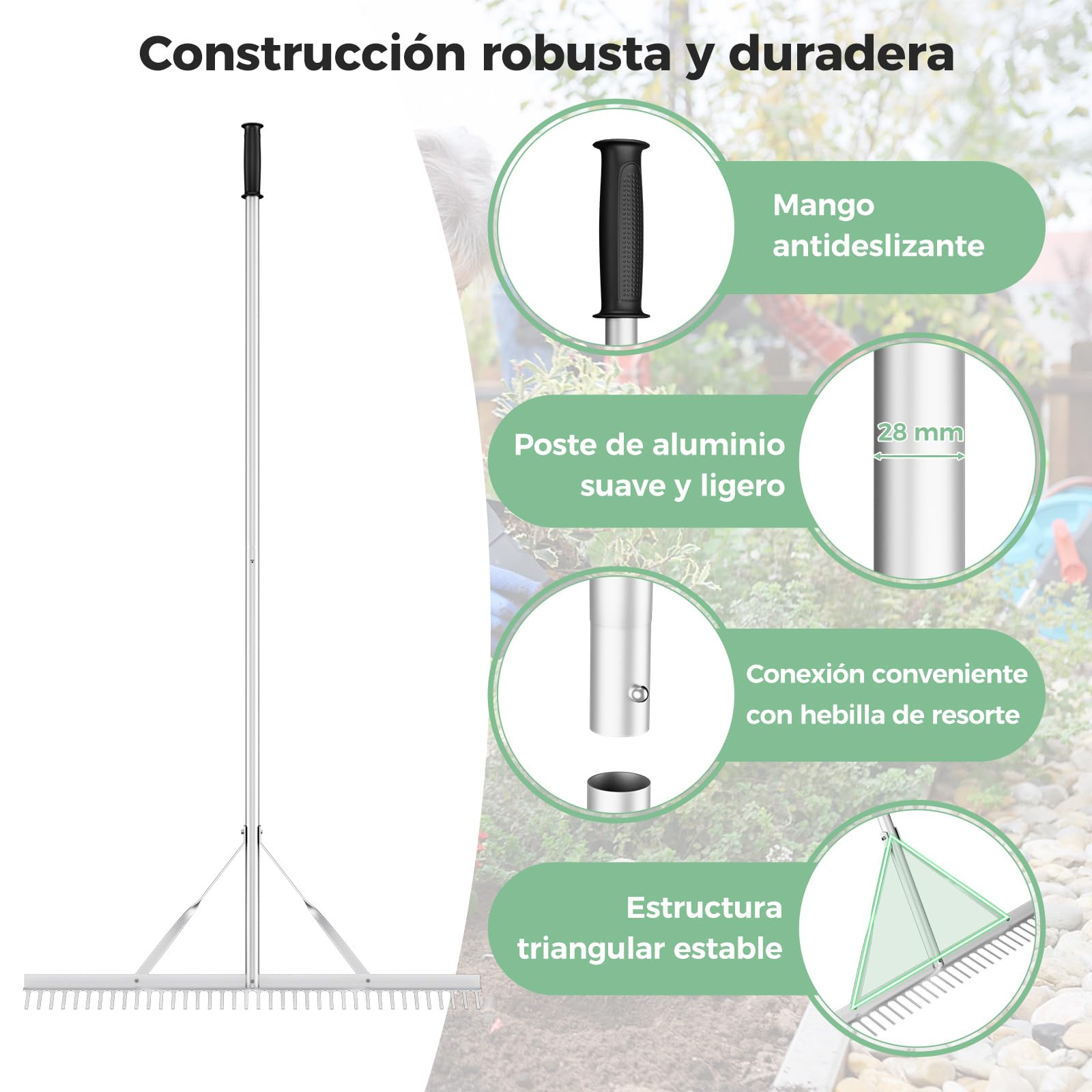 COSTWAY Rastrillo de Jardin, Rastrillo Jardin con Mango de 174 cm, 36 Púas, Rastrillo De Aluminio Cuidado del Césped, Jardín, Lago, Estanque, Playa