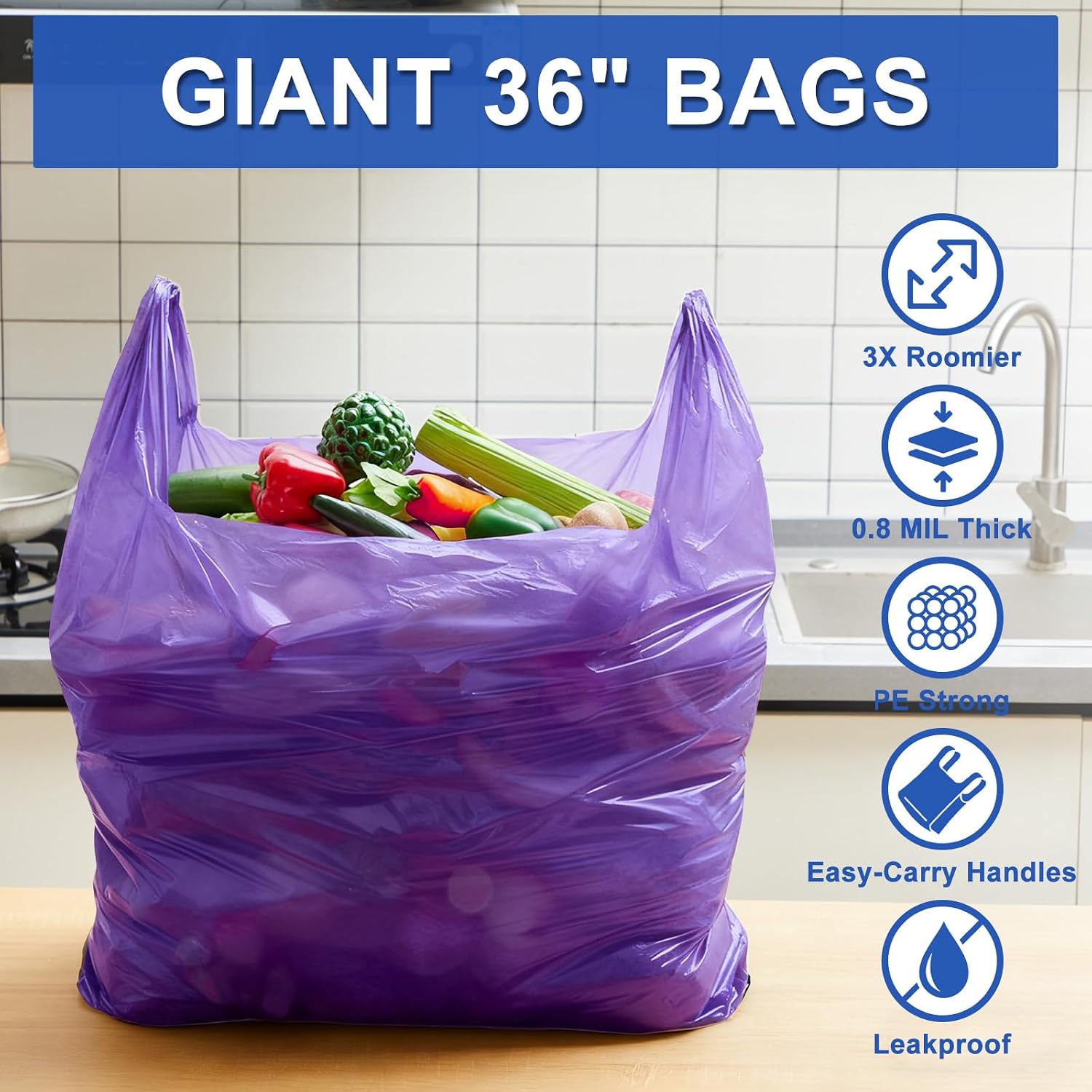 AmazingSpark 100 Pack Extra Large Plastic Shopping Bags with Handles, 36'' x 24'' x 8'', Reusable Heavy Duty T-shirt Bags Bulk with Handles for Grocery Restaurant, Retail, Business(fits 30 Gallon)