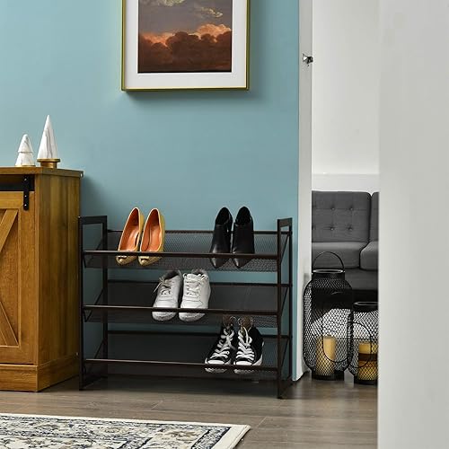 Miniatura 7 de Giantex Zapatero de metal de 3 niveles, organizador de almacenamiento de zapatos con estante de malla ajustable en ángulo o plano para 9 a 12 pares