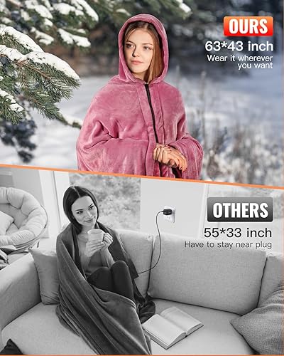 Miniatura 6 de Manta térmica eléctrica inalámbrica para campamento con capucha, chal de calefacción portátil con batería USB, 3 niveles de calefacción, manta de