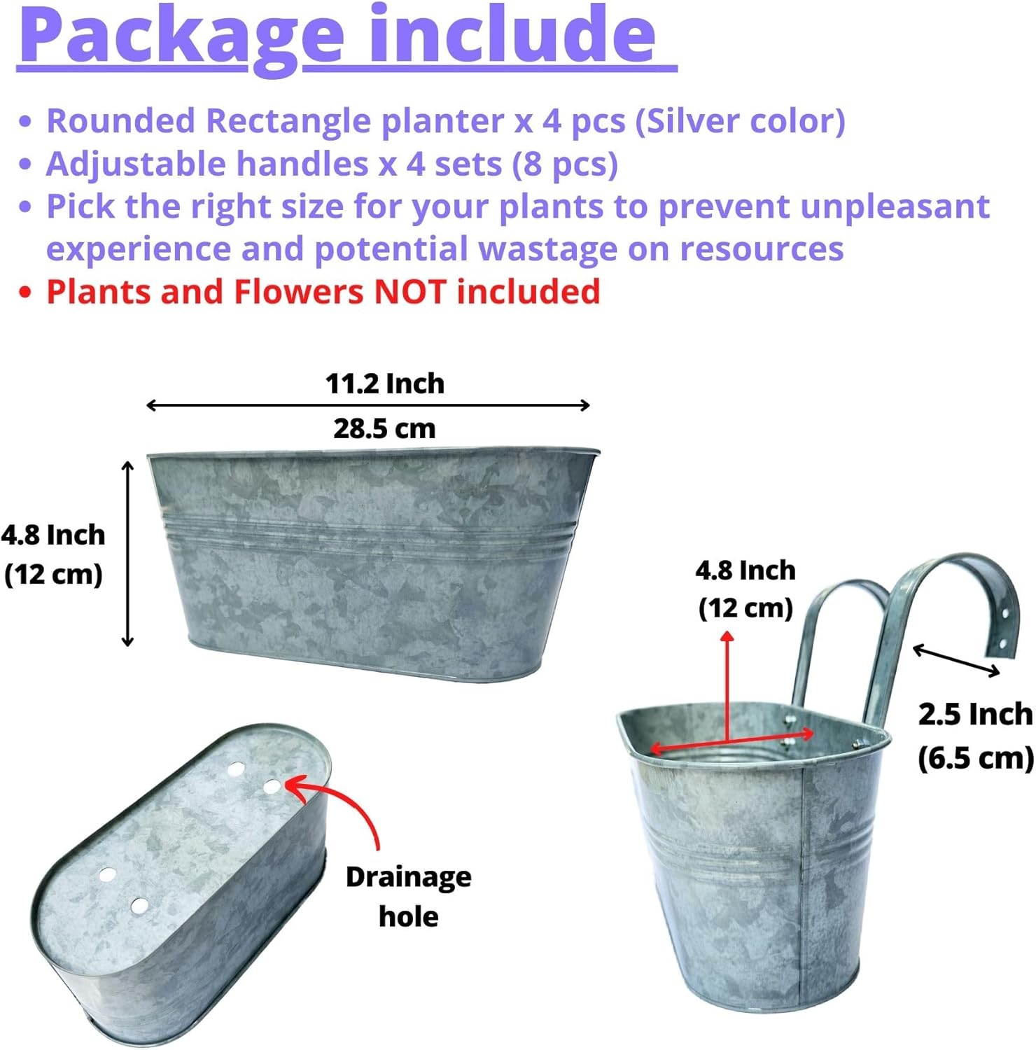 LaLaGreen Outdoor Rail Planter (11.2 Inch, 4 Pack) Silver Metal Iron Hanging Flower Pots Deck Railings Fence Buckets Modern Countryside Boho Style Wall Mount Window Box Plant Holder Hooks Porch Decor