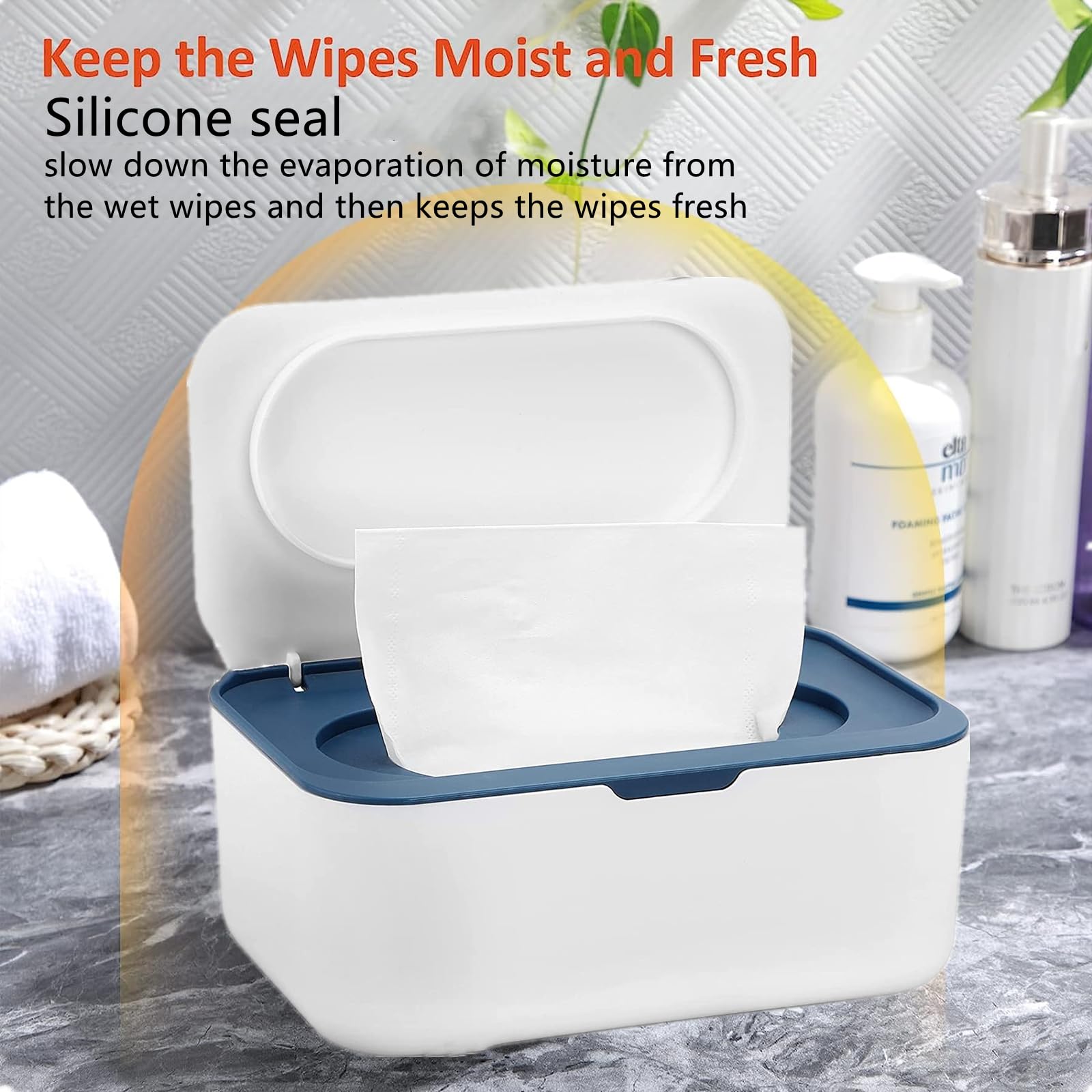Wipes Dispenser with 2Pcs Portable Refillable Wipe Holder,Reusable Large Wipe Holder Box Flushable Wipes Case Bathroom Wipes Container for Pet Nursery Kitchen Office Counter(White-Blue) - Image 4