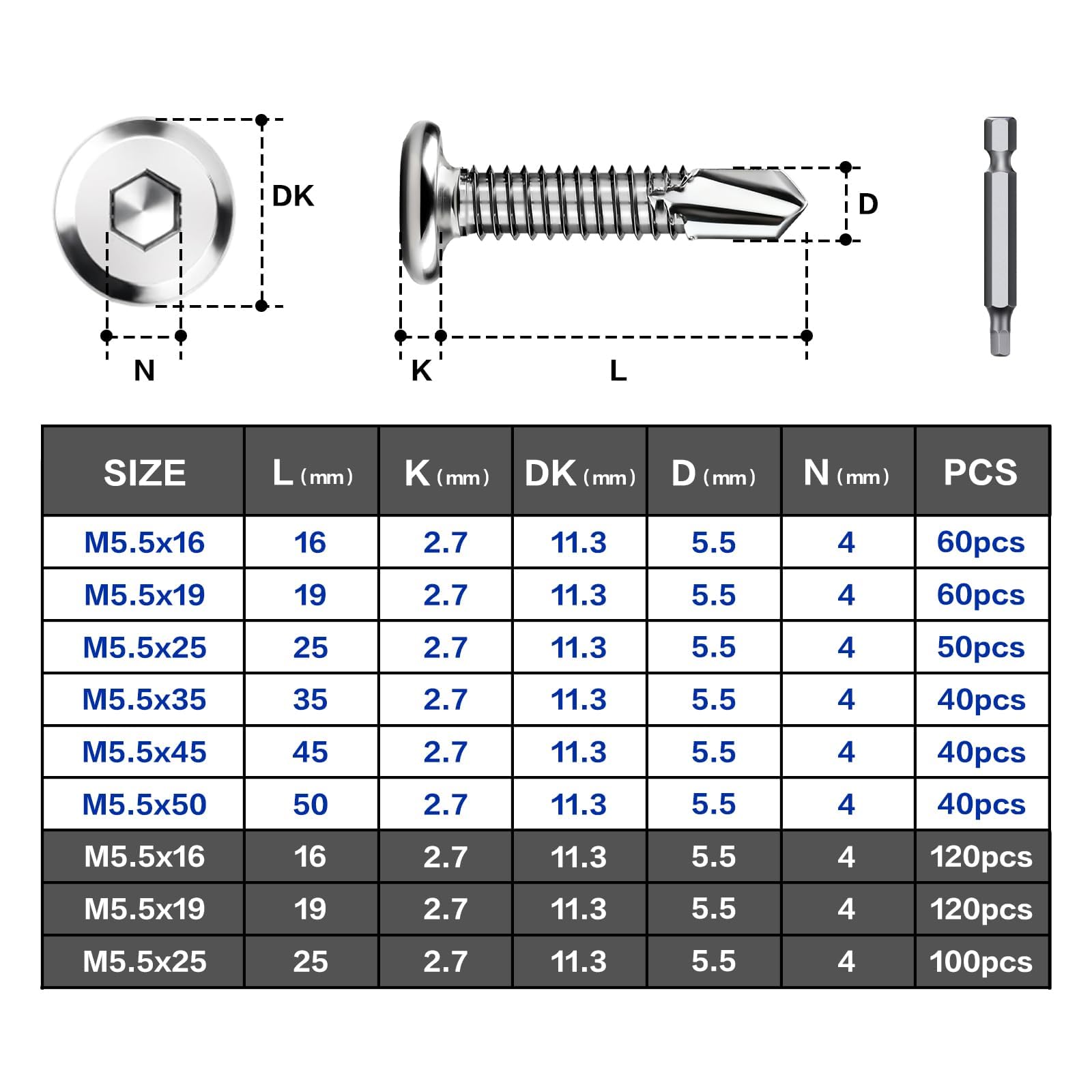 60 sztuk wkrętów samogwintujących ze stali nierdzewnej 410, 5,5 x 16 mm, wkręty samogwintujące, płaskie, wkręty z łbem sześciokątnym, śruby ze stali nierdzewnej, do metalu, drewna, z wiertłem