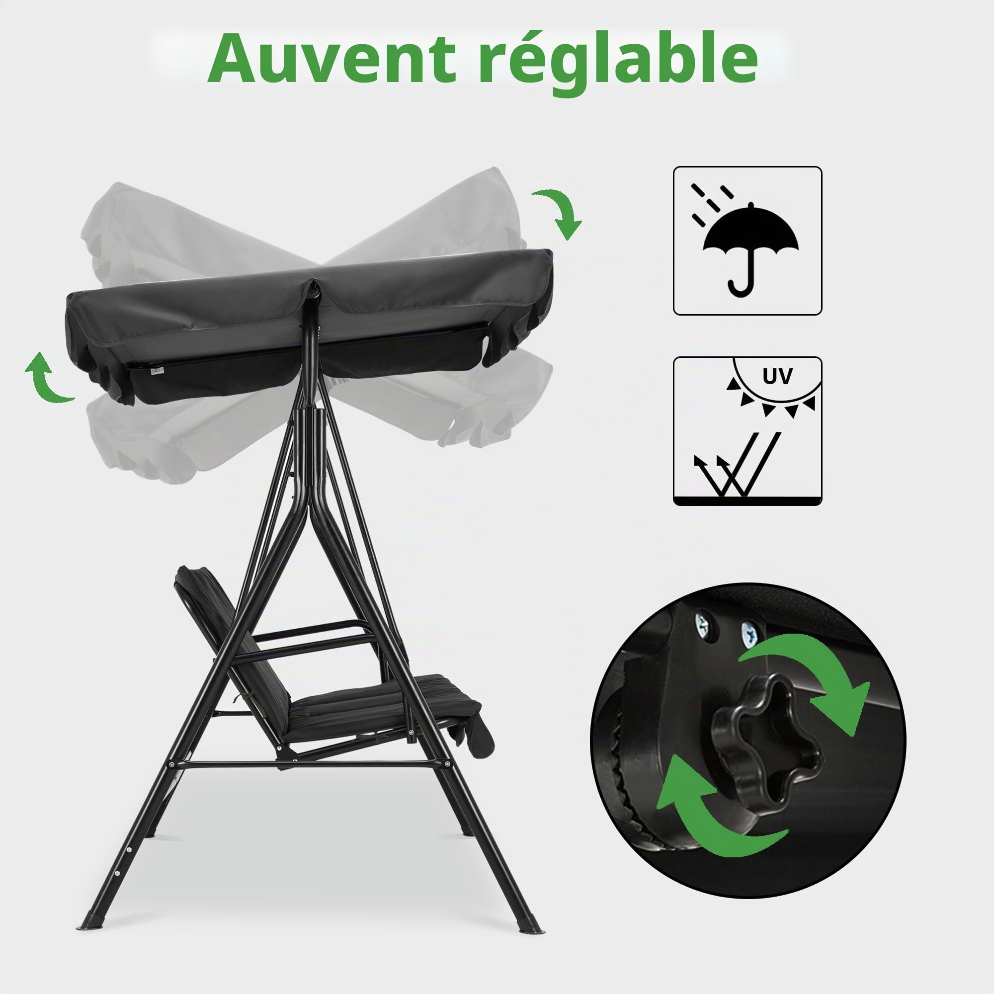 M MCombo Balançoire hollywoodienne 3 Places, Balançoire de Jardin avec Toit réglable, Banc à Bascule Outdoor, Chaise Longue de Jardin résistante aux intempéries, 114 x 170 x 155 cm, Noir 8003