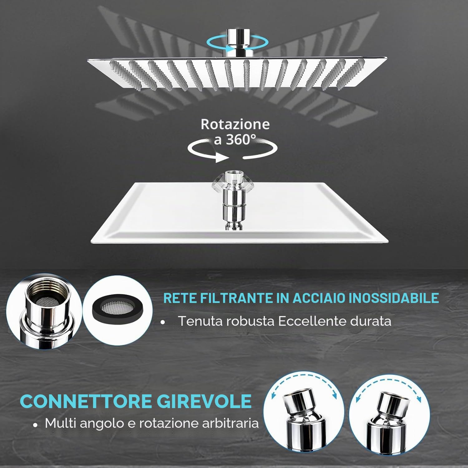HAUSPROFI Soffione doccia anticalcare, testa doccia a pioggia risparmio d'acqua con ugello in acciaio inox 12 pollici/30 cm finitura cromata lucida (specchio), quadrata