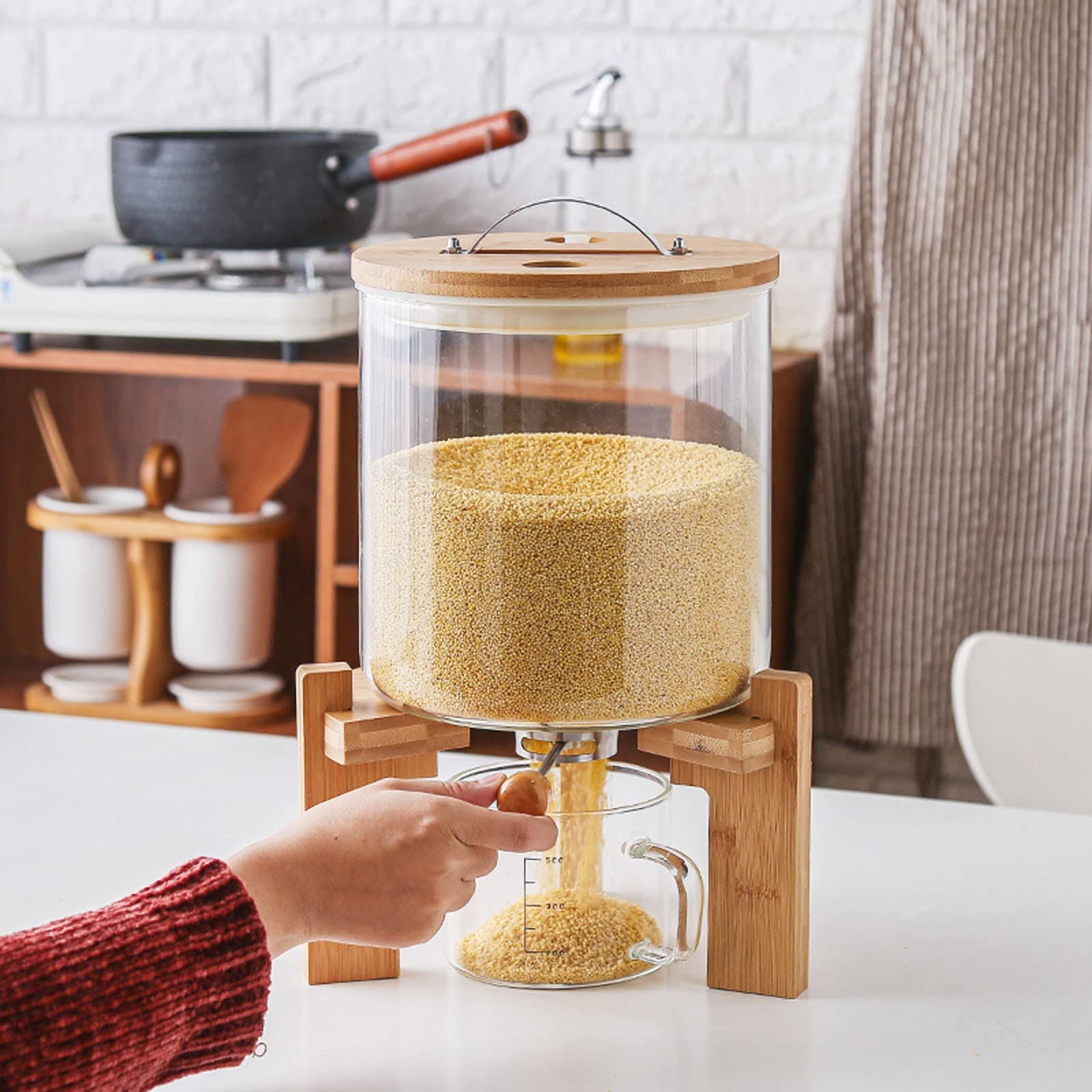 Dispenser di riso, contenitore per la conservazione cereali di riso ermetico a prova di polvere, ripiano distributore di cereali in vetro, misurino + supporto in legno di bambù, a prova di umidità p