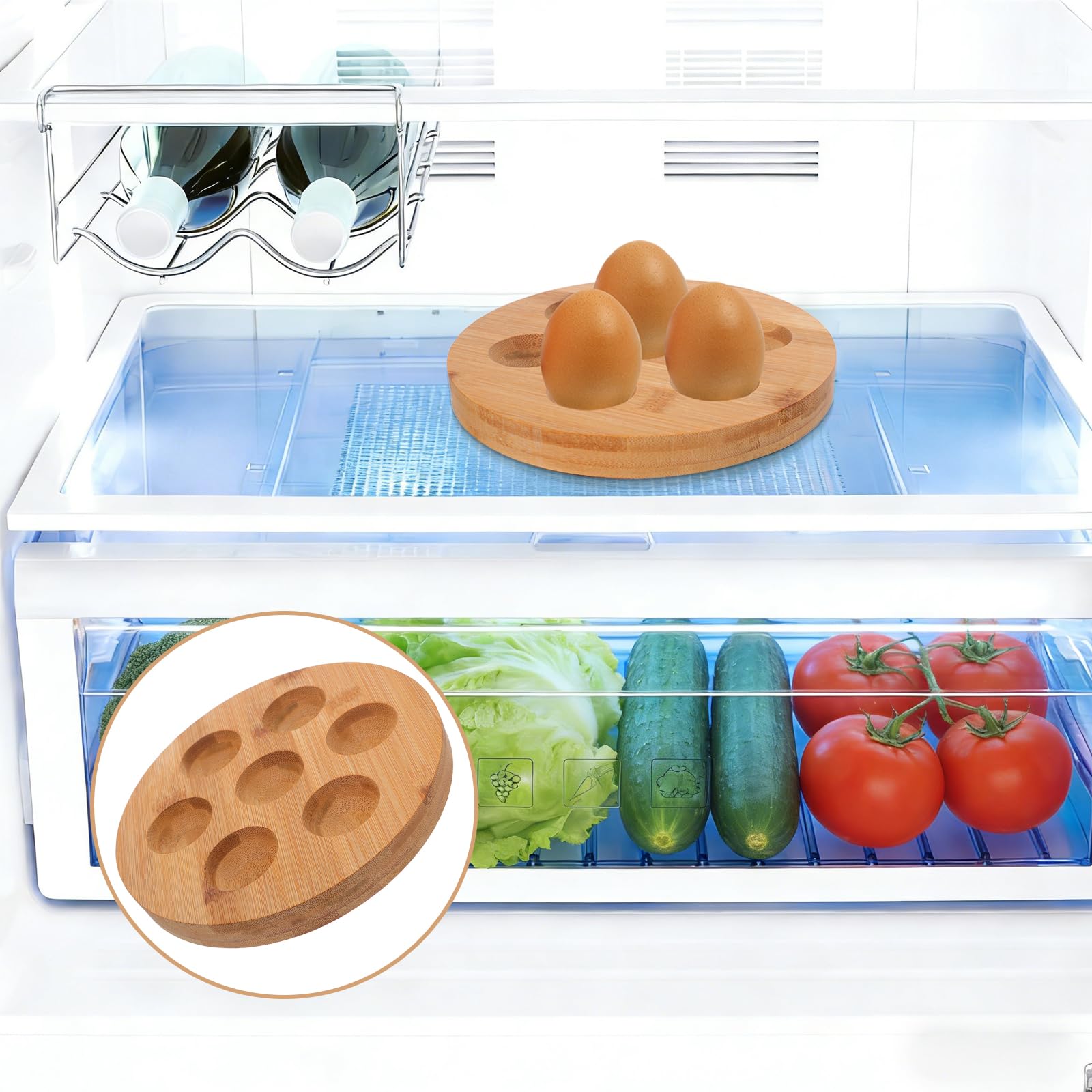 Bandeja de Huevos de Madera de Acacia 7 Agujeros para Refrigerador y Encimera Base Antideslizante, Porta Huevos para Cocina Organizada, Soporte Rústico para Exhibición