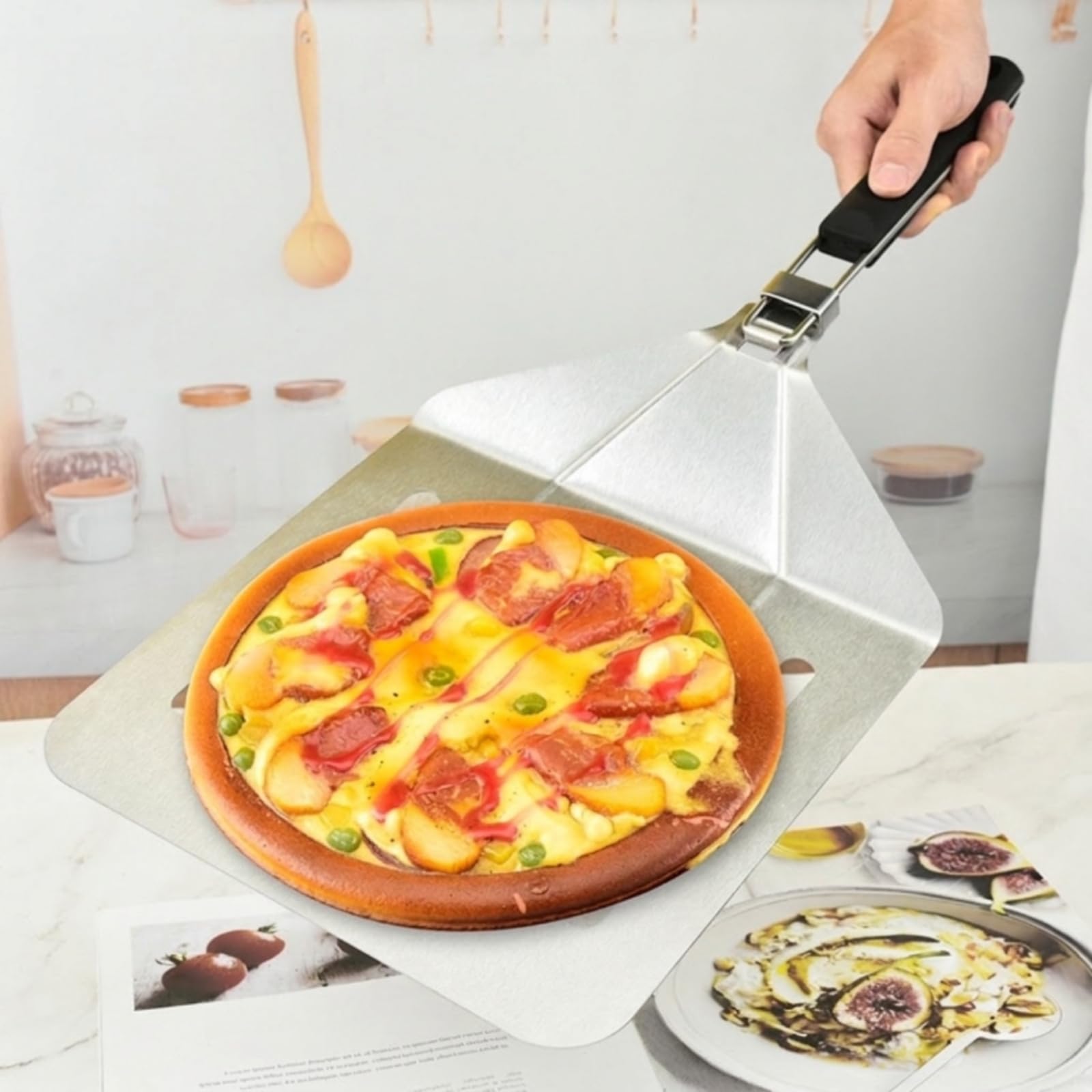 Spatola Pizza Pieghevole Paletta Pizza Pala Pizza Cucchiaio Pizza Accessorio Forno in Acciaio Inox con Pala Forata Antiattrito E Trasferimento Sicuro