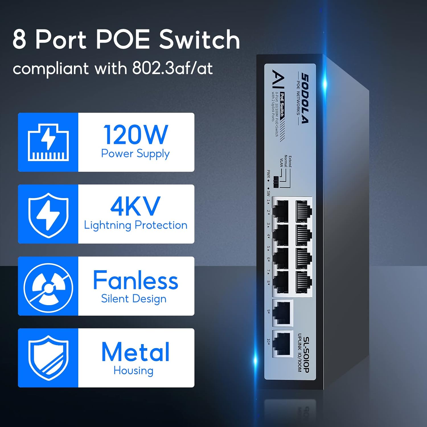 SODOLA 8 Port PoE Switch 100Mbps/8 PoE+ Port,2 Ethernet Uplink,120W 802.3af/at, Extend Function, Fanless Metal Plug & Play Unmanaged Network Switch
