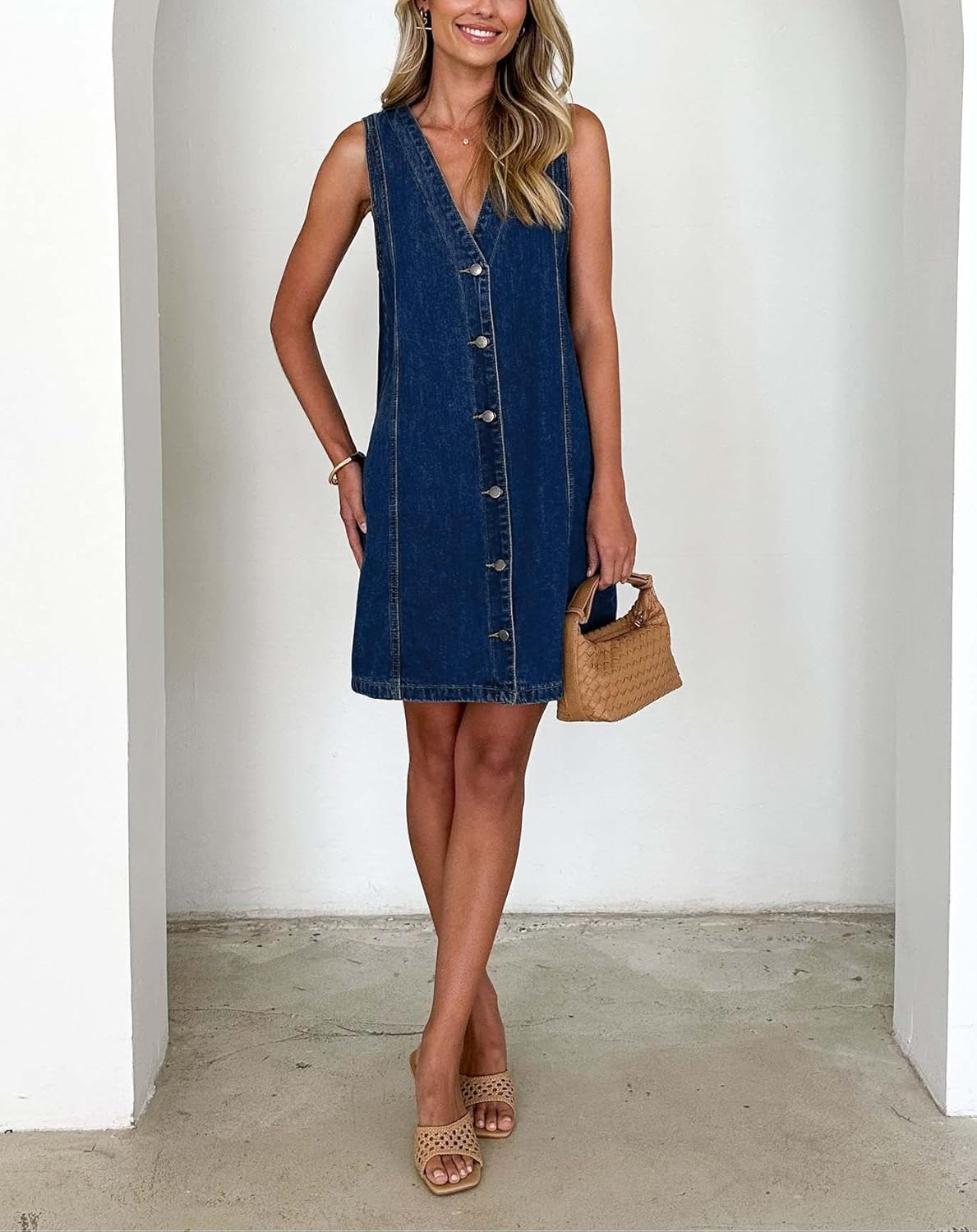 yoeasy Women's Summer Casual Denim Mini Dress Button Down Sleeveless A line Jean Tank Dresses - Image 3