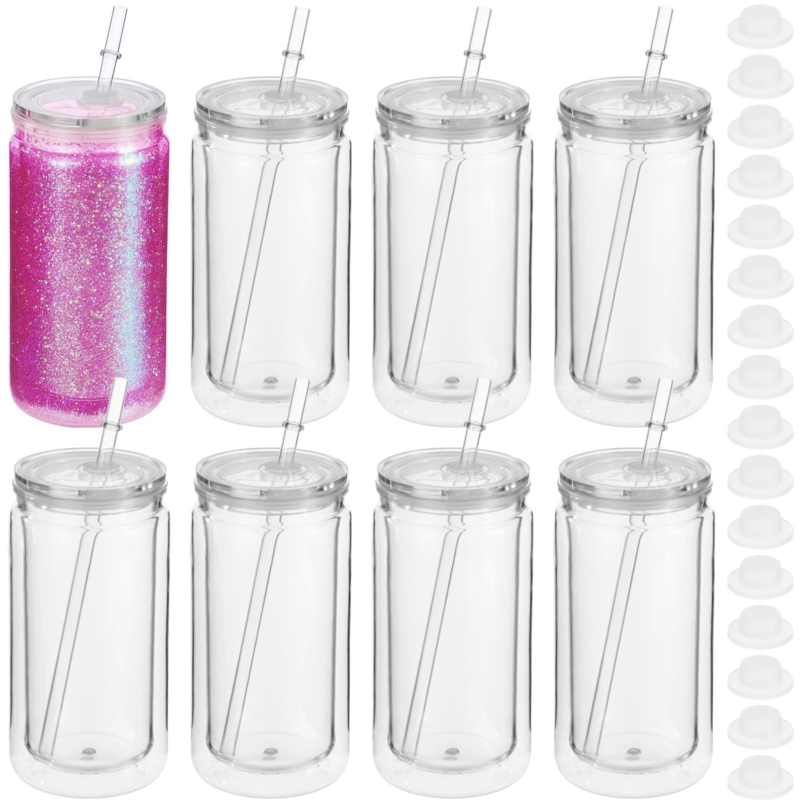 SWEWARM 8 Pcs 16 fl oz Plastic Tumblers with Lids and Straws, Double Wall Tumbler with Pre Drilled Hole Bulk Snow Globe Cups, Reusable Mason Cup with Silicone Plugs for Cold Drinks, DIY, Parties