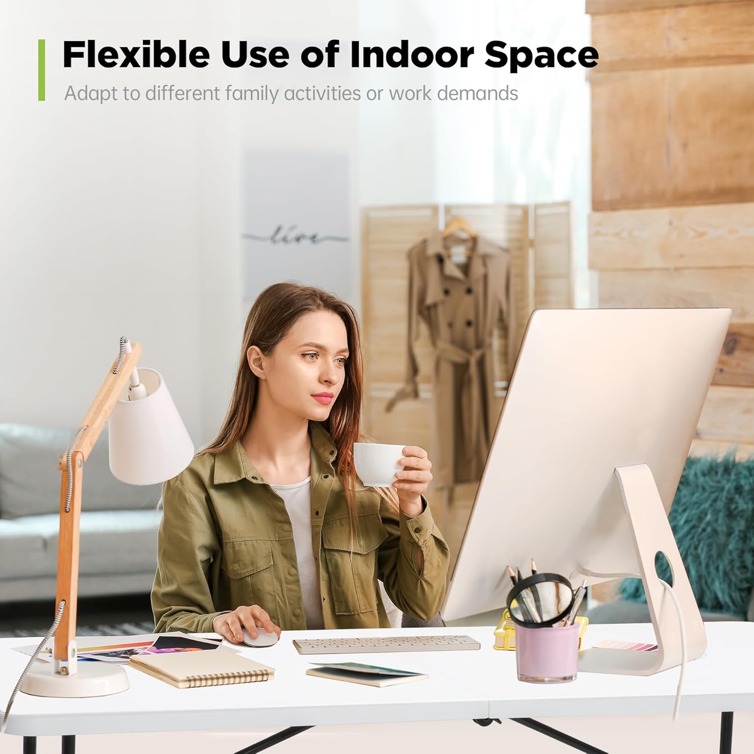 Real Relax 8FT Folding Table, Portable Picnic Table, with Handle and Lock for Indoor, Outdoor, Camping, Party, Banquet, Backyard Events, White