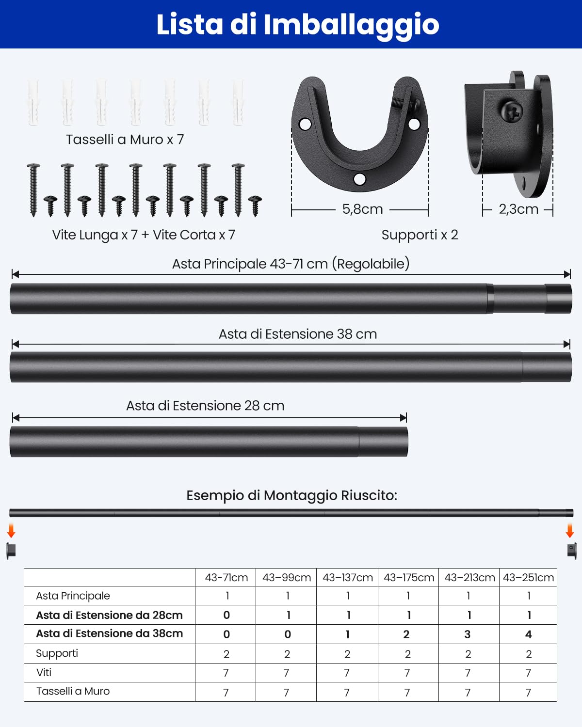 Supforce Asta Armadio Estensibile 43-135 CM, Barra Appendiabiti per Armadio, Guardaroba, Lavanderie, Camper, Nero, Metallo