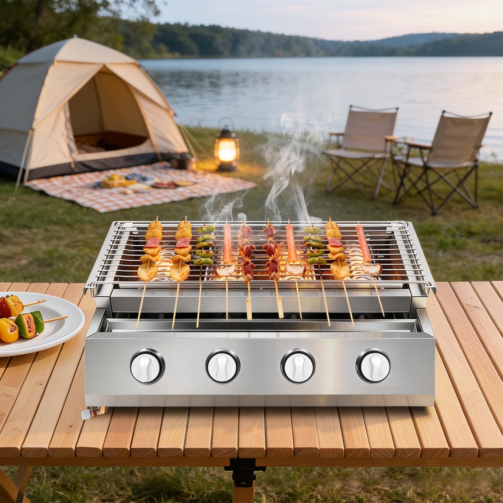 Parrilla de gas portátil de acero inoxidable, parrilla de gas profesional con parrilla, 4 quemadores de acero inoxidable, superficie de parrilla de aproximadamente 55,8 x 23,2 cm, parrilla de gas BBQ