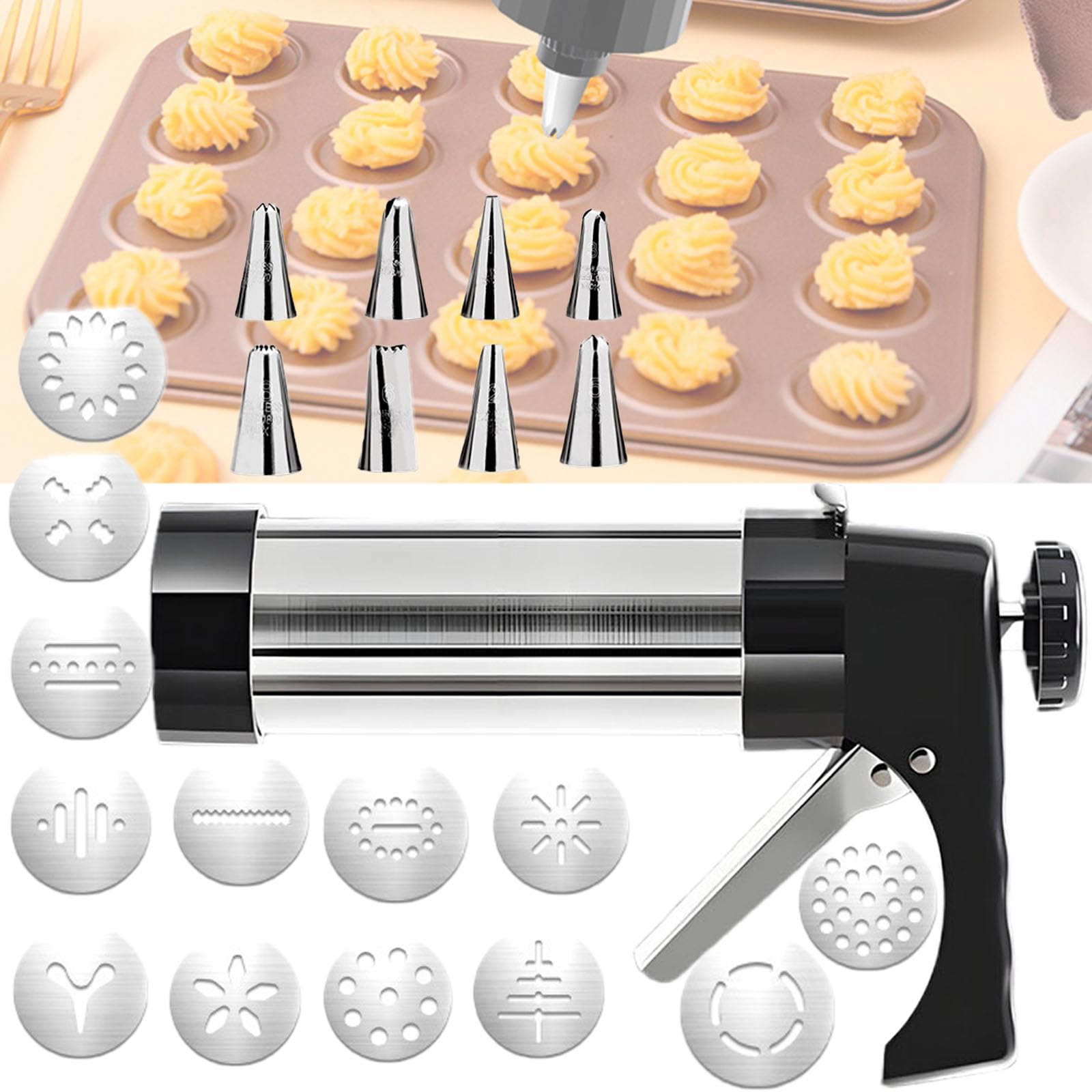 Pistolet à biscuits en acier inoxydable avec 8 douilles et 13 disques à biscuits – Outil essentiel de décoration de gâteau pour anniversaires, mariages, anniversaires et fêtes