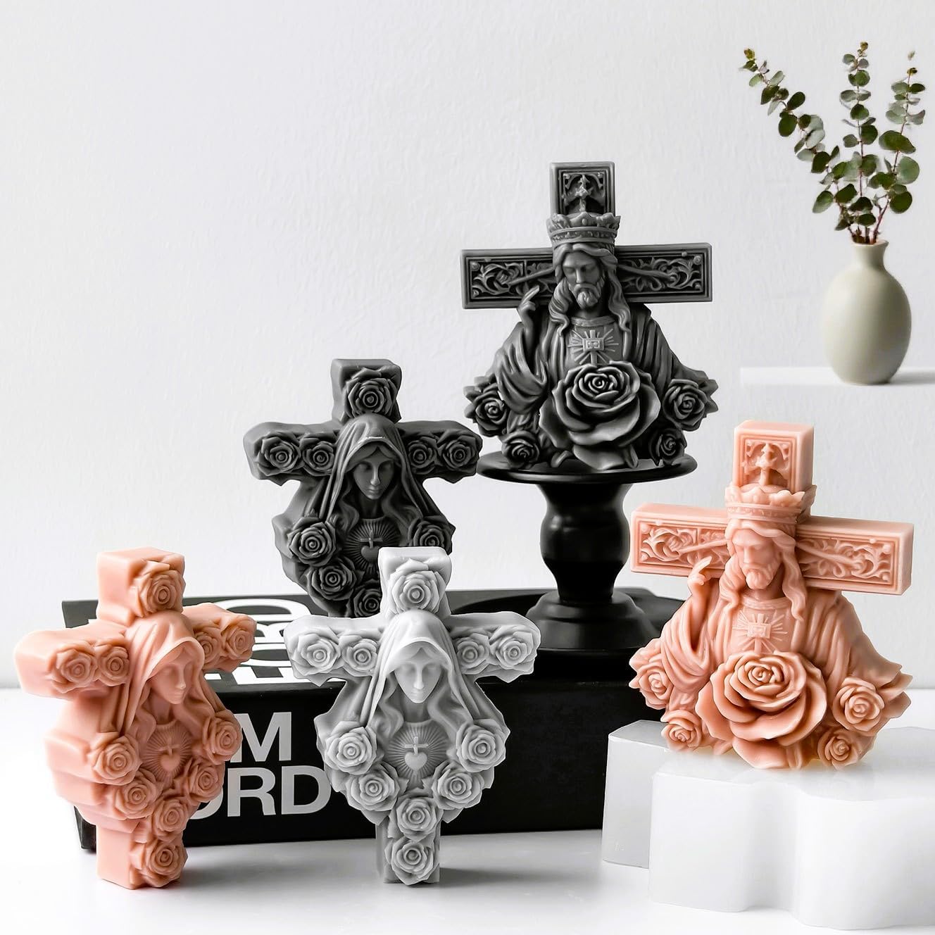 Relief Figure Cross Candle Molds, Cross with Blooming Roses Silicone Molds for Candles Soap Resin Plaster Cement Craft, Veiled Virgin Mary Soap Mold, Religious Altar Craft (Set)