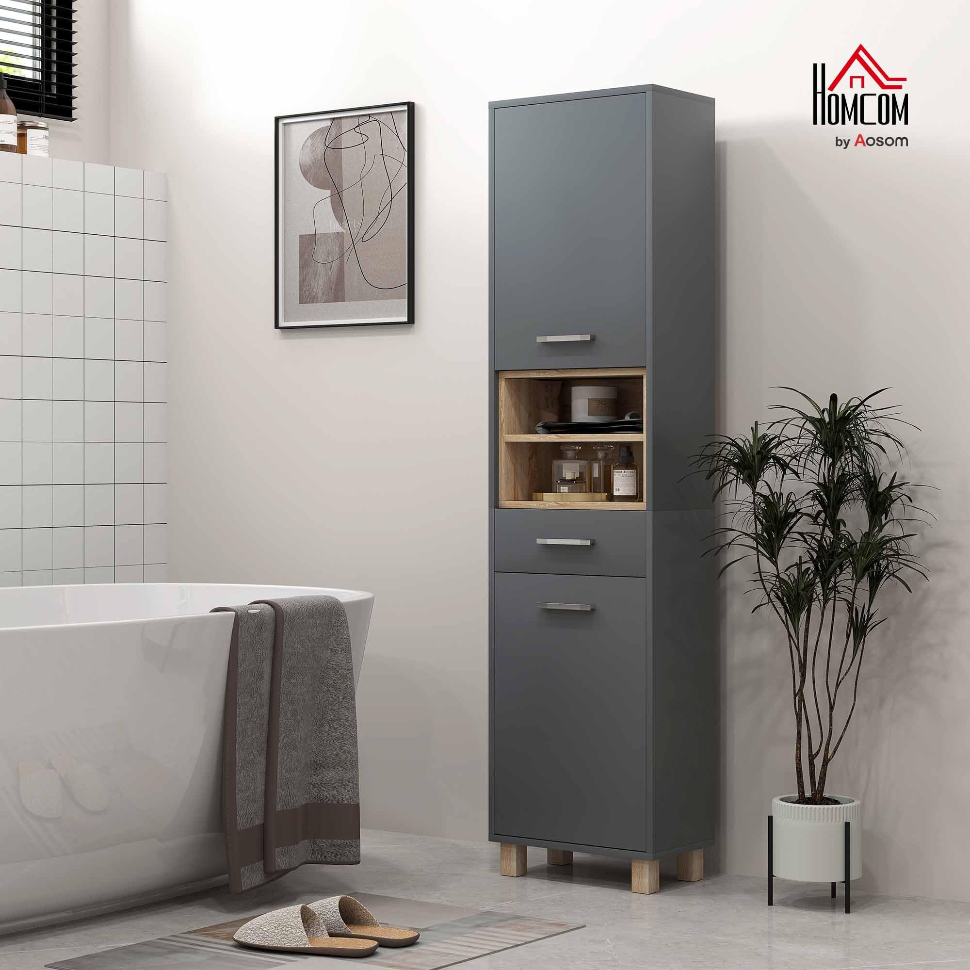 HOMCOM - Columna para cuarto de baño, mueble de almacenamiento, armario con 2 puertas, cajón y 2 estantes abiertos, armario alto para cocina, sala de estar, 40 x 24 x 160 cm, color gris