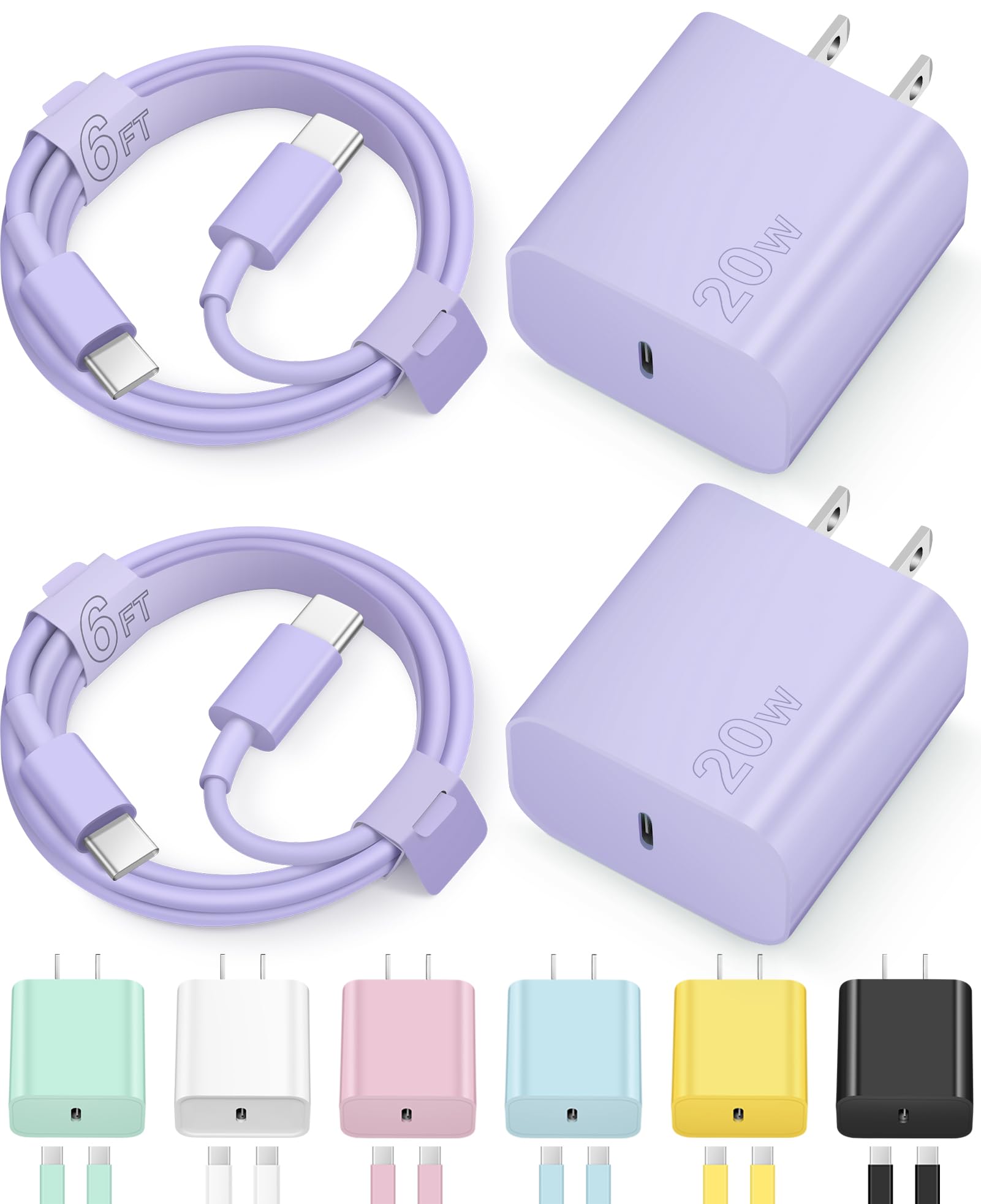 iPhone 17 16 15 Charegr Fast Charging Type C Chargers USB C Charger Block iPhone Air Chargers with 2 Pack 6FT Cable for iPhone 17/17 Plus/17 Pro Max/16/16 Plus/16 Pro Max/15 Pro Max/iPad Pro(Purple)