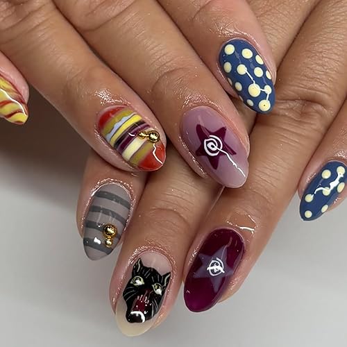 Miniatura 8 de Uñas postizas a presión medianas almendradas con punta francesa, uñas postizas de cobertura completa con diseños de estrellas negras y blancas, uñas