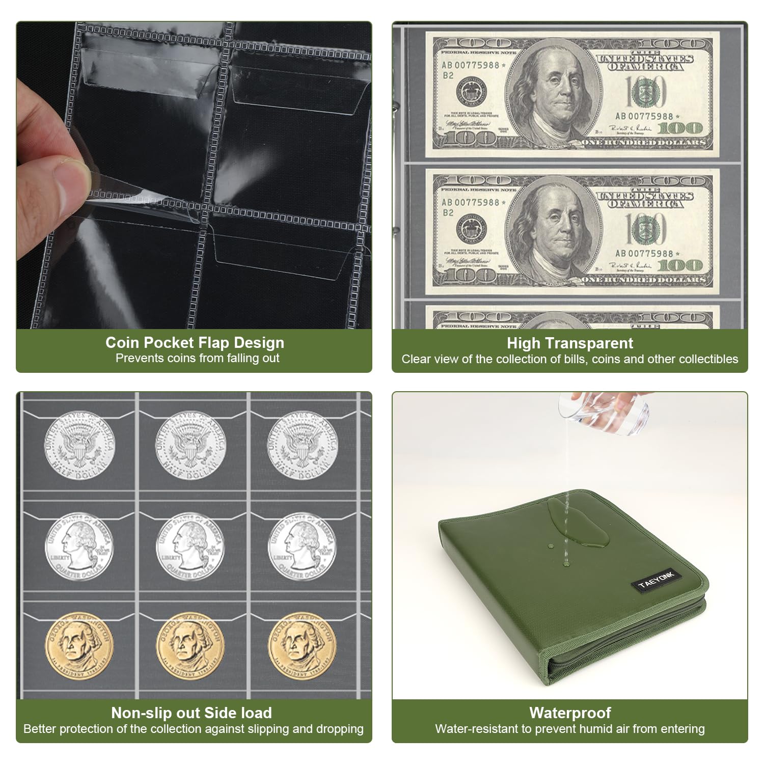 Coin Collection Book Holder for Collectors, 520 Pockets Fireproof Coins Collecting Album & 36 Sleeves Money Storage Case for Coin Currency Collection Supplies, Bill, Pennies, Quarters, Stamp
