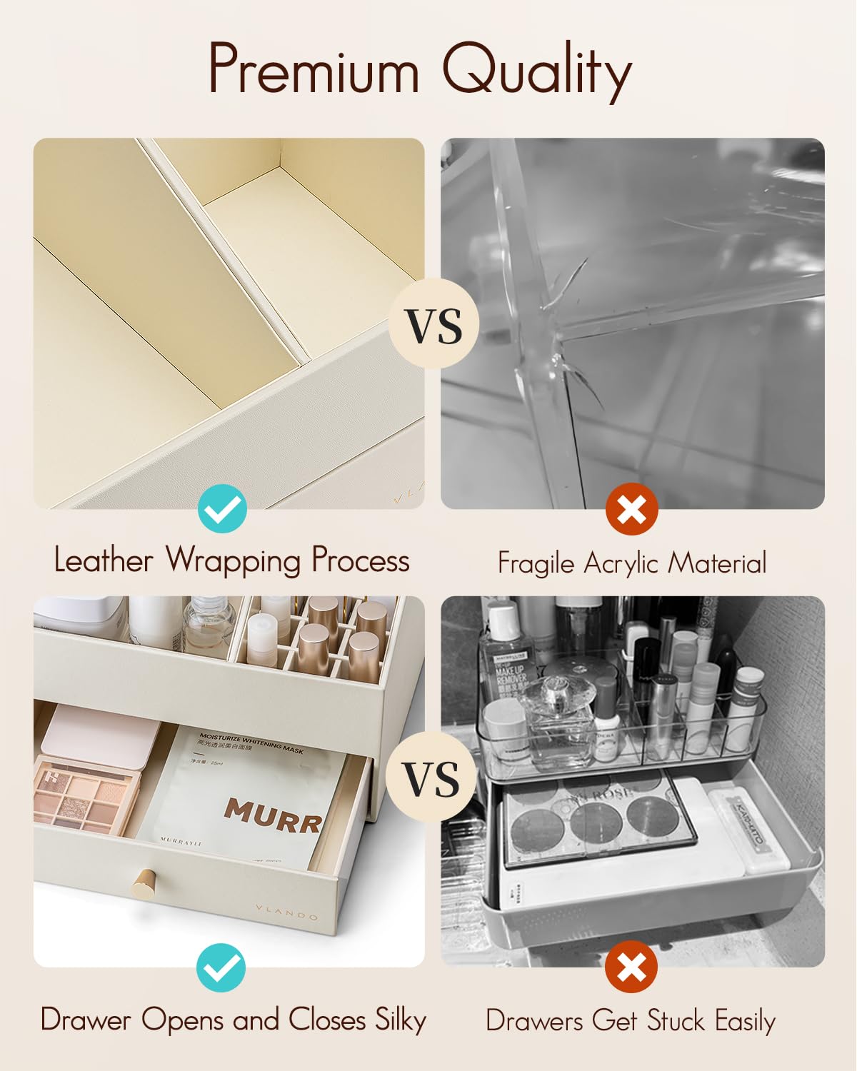 Vlando Organizer per trucchi con cassetti, organizer per cosmetici in pelle PU, organizer per profumi, grande espositore per rossetti, profumi, pennelli, regalo per donne, beige