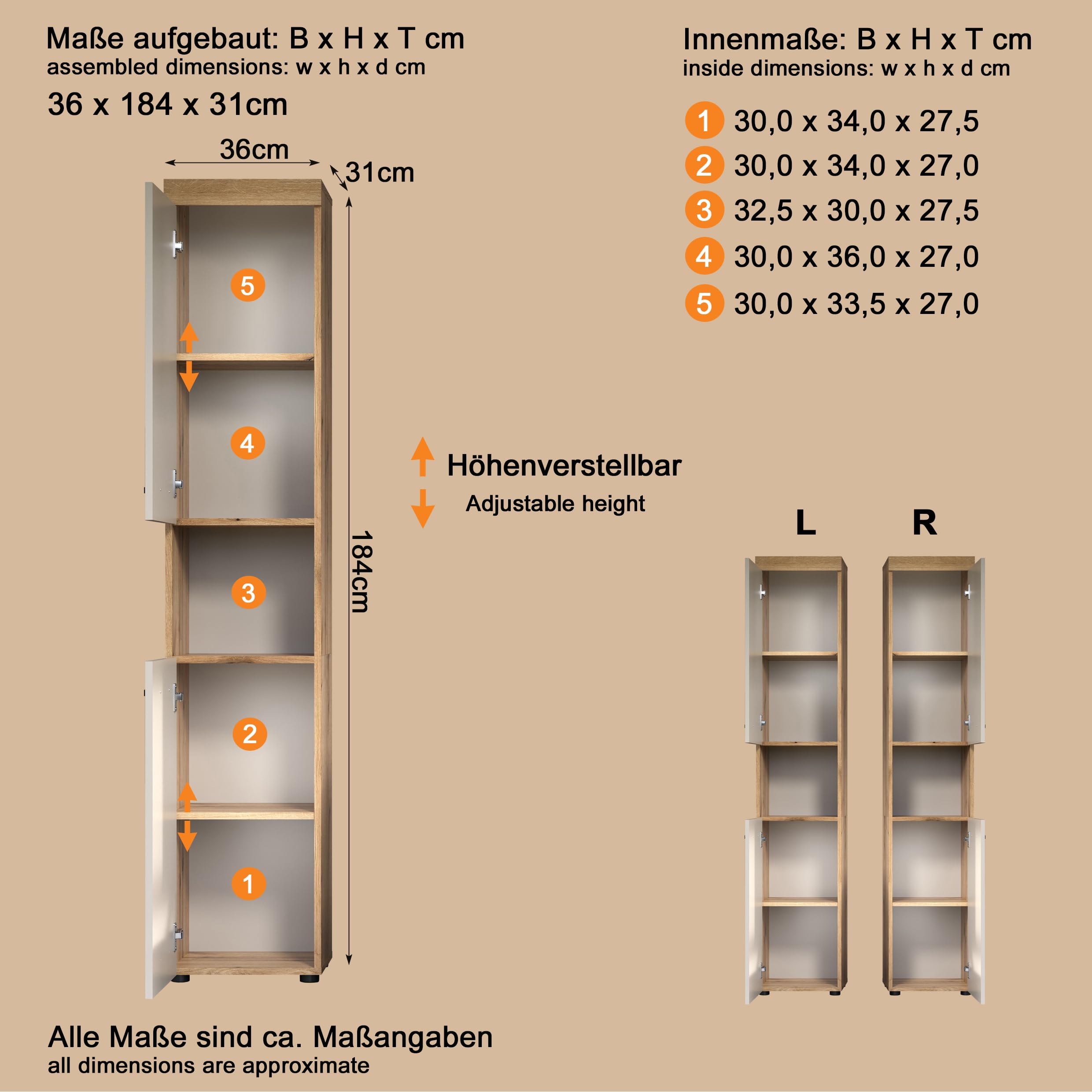 Hochschrank Ivrea Evoke Eiche / Kaschmir · B 36 x H 184 cm
