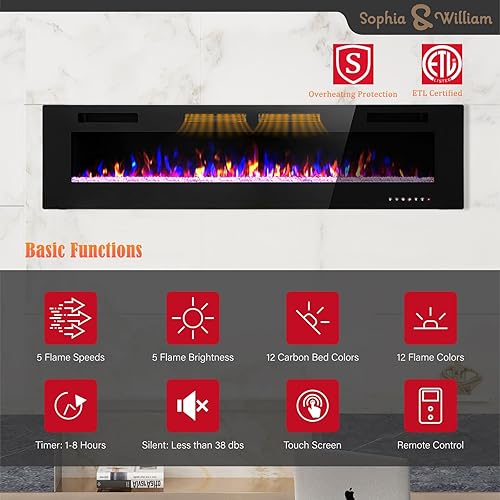 Miniatura 10 de Chimenea eléctrica de 42 pulgadas montada en la pared con control remoto, calentador empotrado ultra delgado para uso en interiores, chimeneas