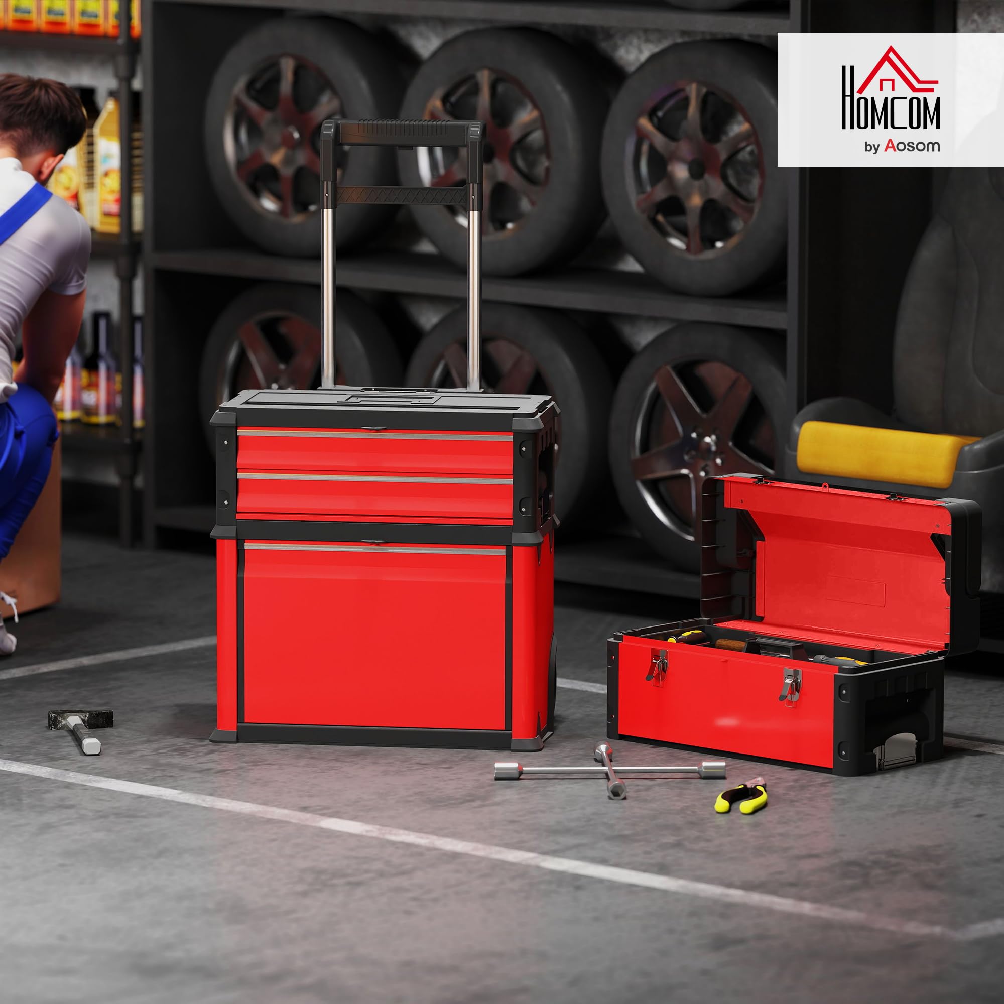 HOMCOM Carro de taller con maletín de herramientas vacío con 3 unidades modulares, carro para almacenamiento de herramientas, caja de herramientas con asa, acero, color rojo