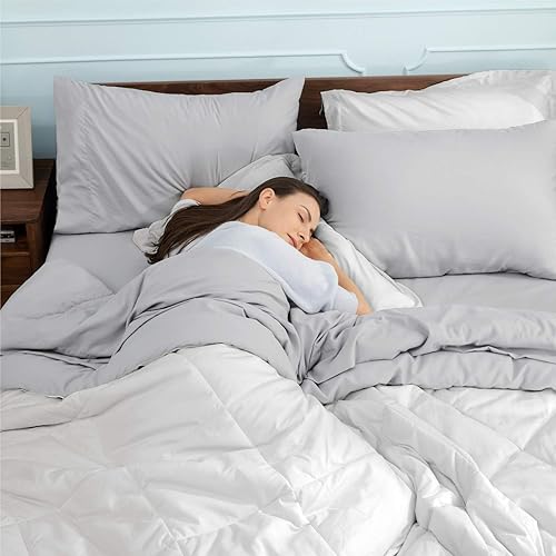 Miniatura 5 de Bedsure Juego de edredón, matrimonial, reversible, de 7 piezas, en una bolsa, con edredón, sábanas, fundas de almohada y fundas, blanco