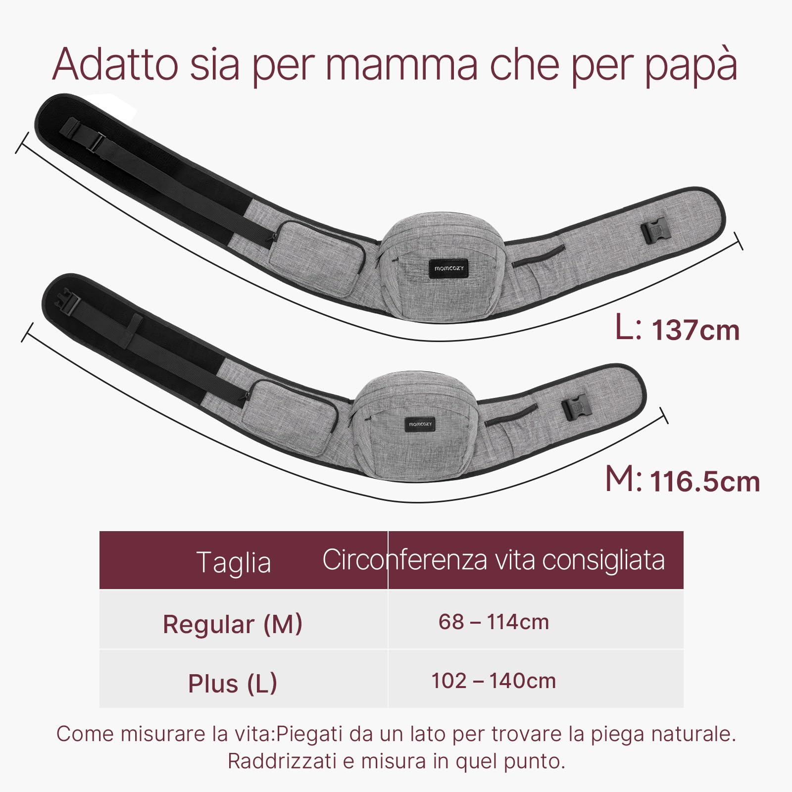 Marsupio per Bambini Momcozy - Cintura Regolabile con Protettore Ventrale 3D Originale, Marsupio Ergonomico con Varie Tasche per Neonati e Bambini fino a 45lbs (Grigio, Medio)