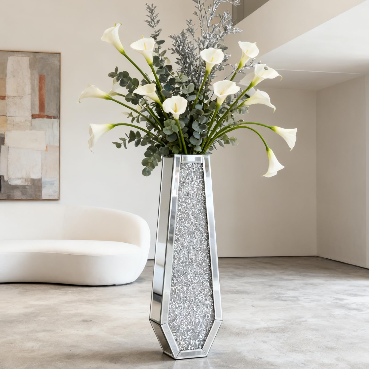 SHYFOY Jarrón alto de diamante triturado, jarrones altos de cristal plateado para decoración de suelo, jarrón de vidrio para decoración del hogar, decoración de oficina, 24 pulgadas