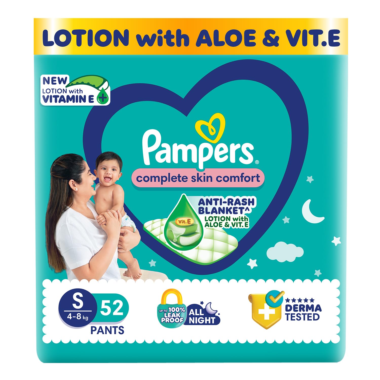 Pampers Complete Skin Comfort Pants, (SM) 52 Count, Anti-rash blanket, Lotion with Vitamin E & Aloe Vera, Small size baby diapers, 4-8 kg