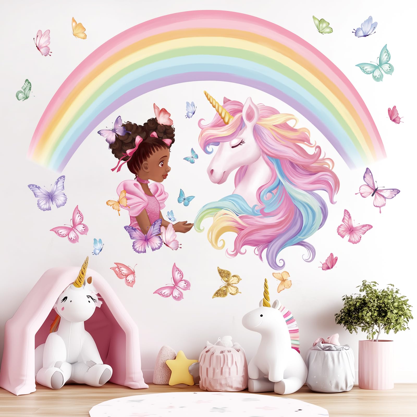 wondever Large Rainbow Unicorn Wall Stickers Black Girls Butterfly Peel and Stick Wall Art Decals for Baby Nursery Girls Bedroom Toddler Room - Image 3