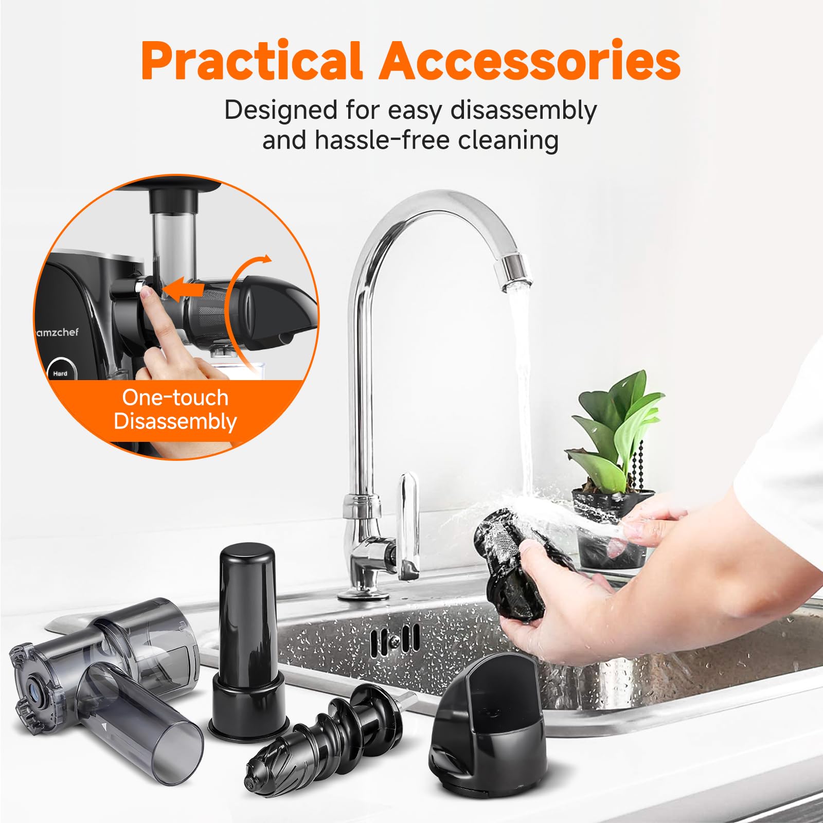 AMZCHEF Entsafter Gemüse und Obst mit 2 Geschwindigkeitsmodi - Entsafter Slow Juicer mit Tragbare Flasche und 2 Tassen - BPA freie Cold Press Juicer - Schwarz