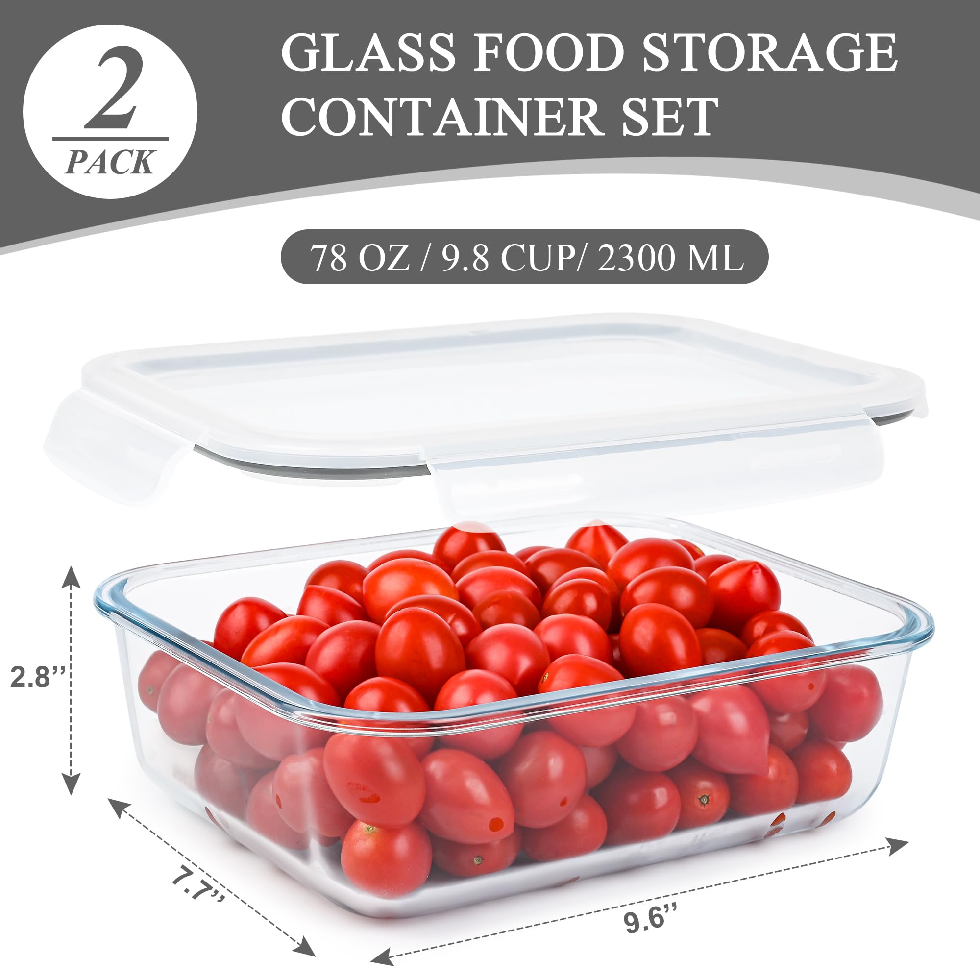 GEHE 2 Pack 2300 ml Große Glasbehälter Sets mit Deckeln, Glas Mahlzeit Vorbereitung Boxen - Speicherung Lebensmittel, Backen, Dicht, Gefrierschrank, Mikrowelle & Ofen Safe