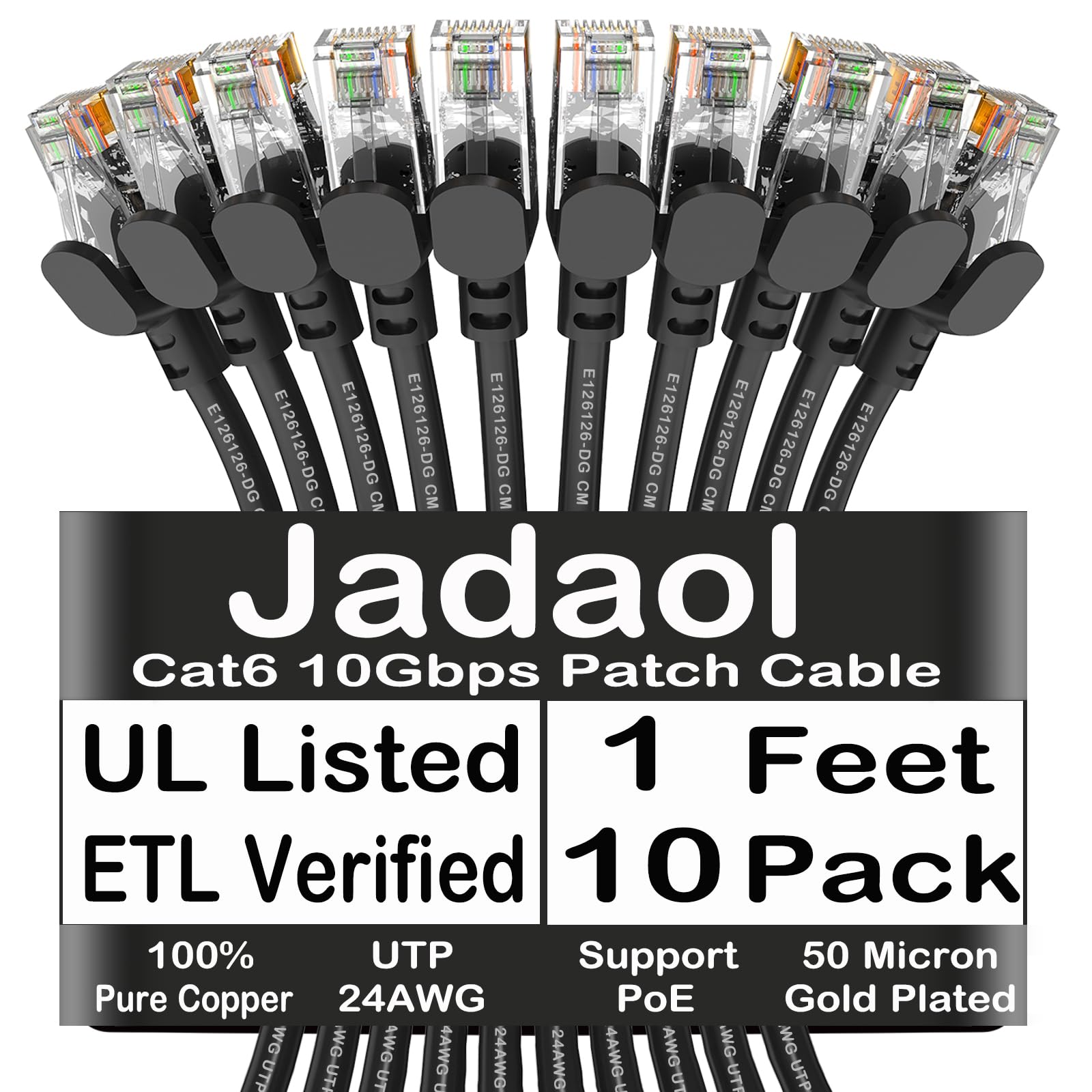 Jadaol Cat6 1ft 10 Pack Patch Cable, 10Gbps High-Speed Ethernet, Support Cat8/7 Network, 24AWG Pure Copper, RJ45 Gold-Plated Connectors, LAN Network Cable for Patch Panel to Switch, Black