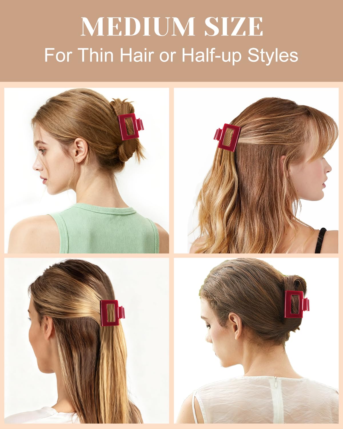 MAORULU Medium Acetate Hair Claw Clip for Women - 2 Inch Cute Square Jaw Clip for Thin and Medium Hair, Cherry Red - Image 4