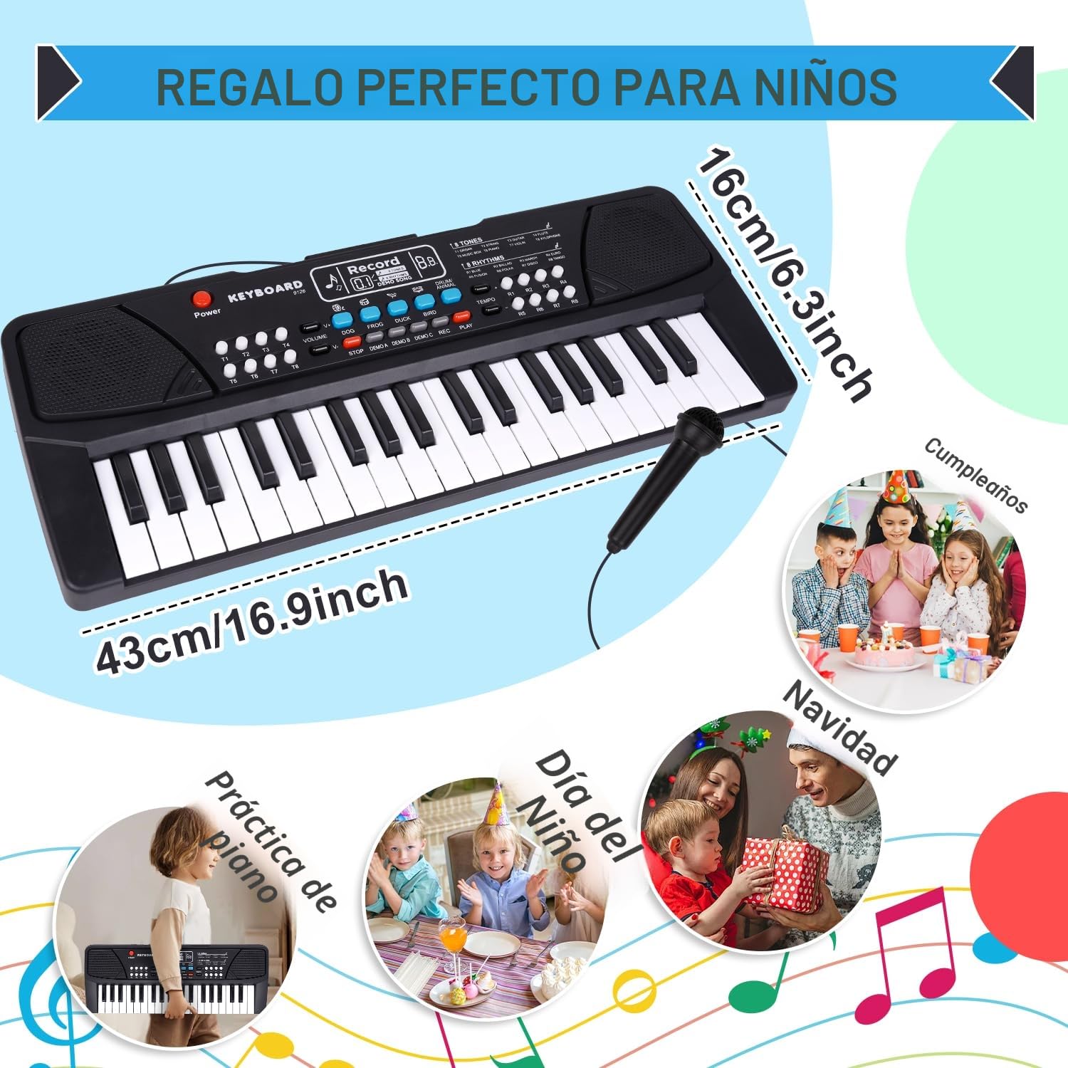Teclado de Piano de 37 Teclas para niños de 3 a 5 años, con micrófono, Ideal para Principiantes, niños y niñas de 3 4 5 6 años