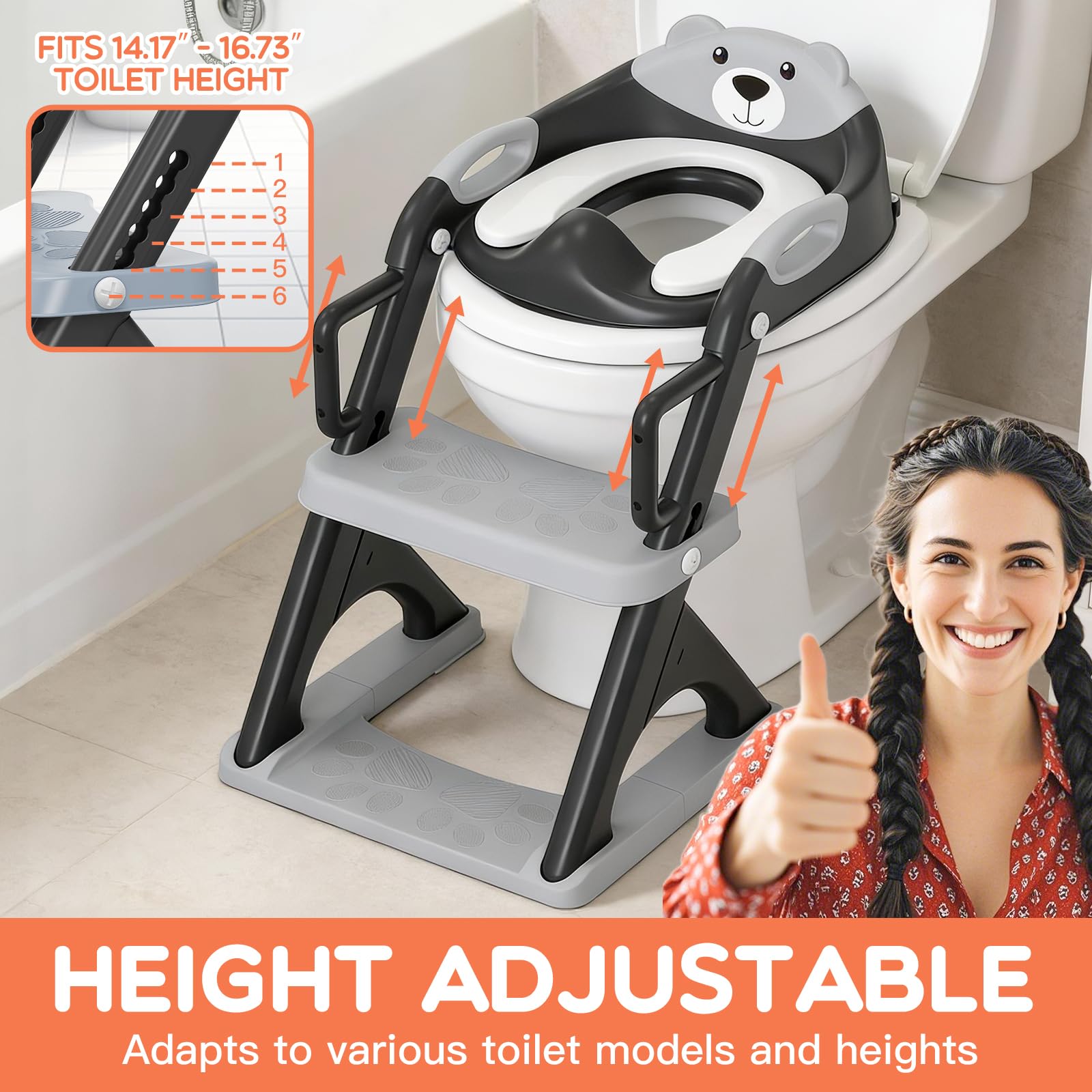 SKYROKU Asiento de inodoro de entrenamiento para ir al baño con taburete y pasamanos de seguridad, asiento de inodoro ajustable y antideslizante para niños y niñas, se adapta a inodoros estándar y