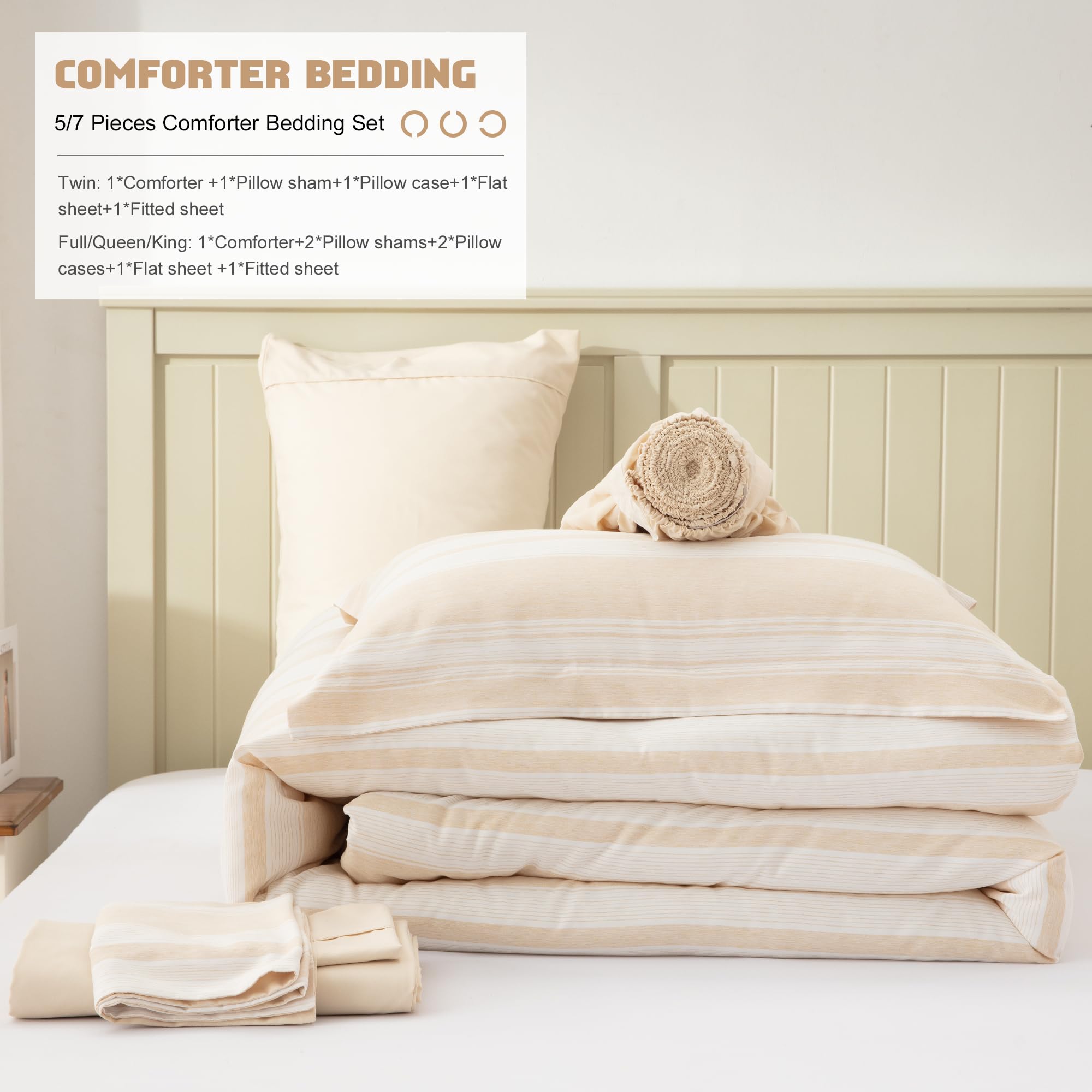 UNILIBRA Beige King Size Comforter Set, 7 Pieces Bed in a Bag Striped, Lightweight Cationic Dyeing Bedding Sets for All Seasons with Comforter, Flat Sheet, Fitted Sheet, Pillow Shams, Pillowcases
