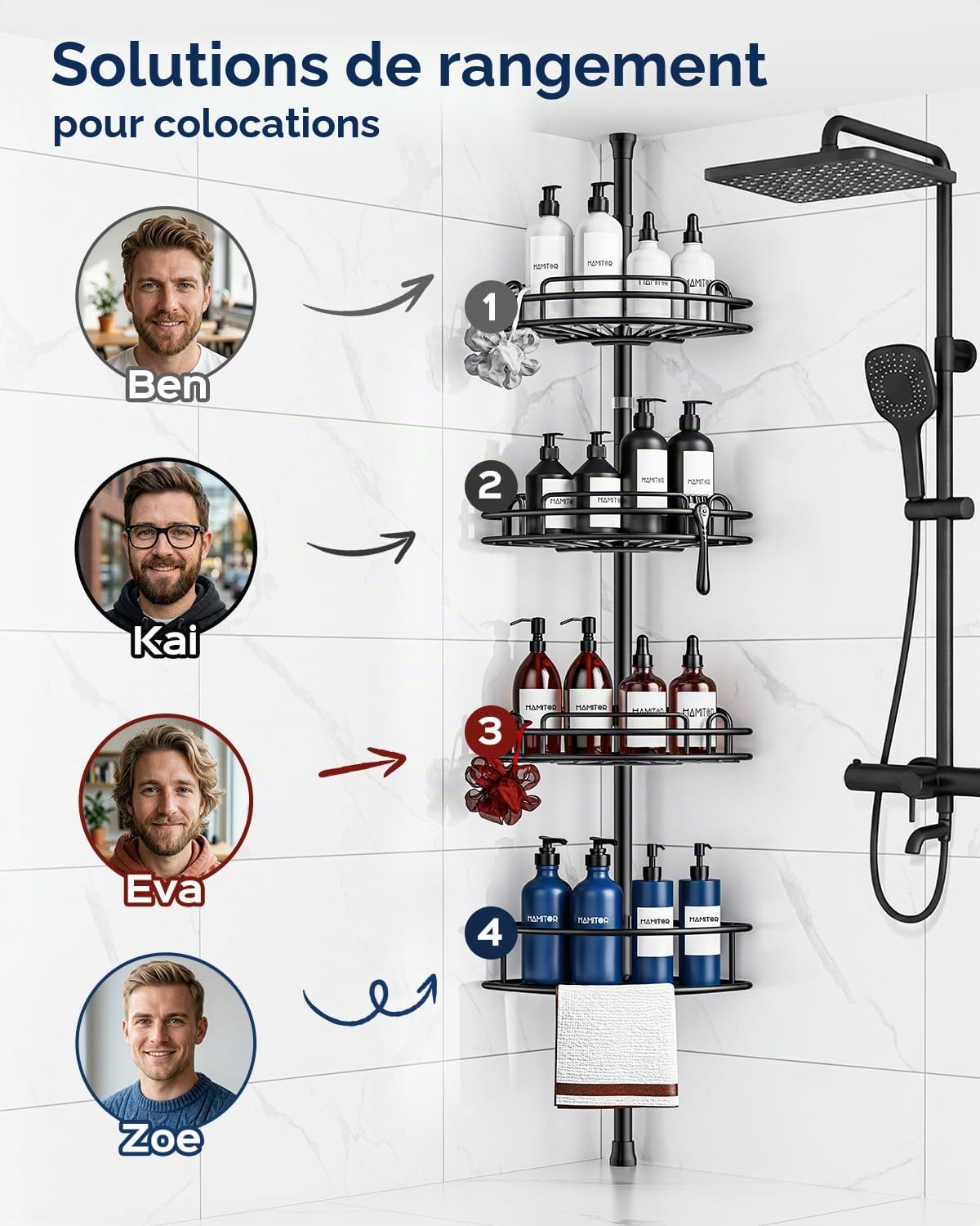 HAMITOR Etagere Douche Telescopique Angle: 4 Etages en Metal Etagere Salle de Bain sans Percage, Bathroom Rangement pour Shampoings, Savons & Gels de Douche — Longueur Reglable 121-314 cm, Noire