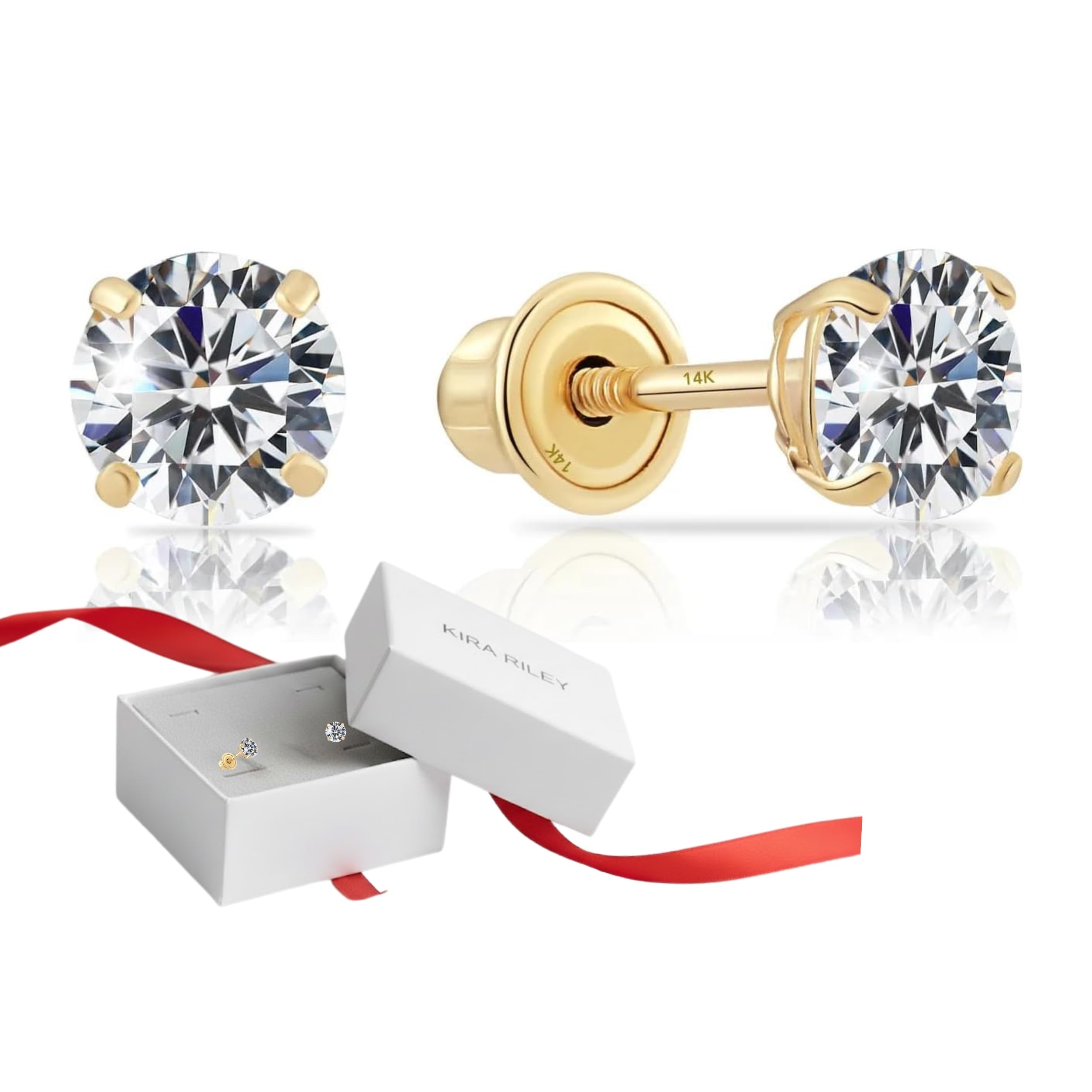 Valentines Day Gifts for Her, 14k Solid Yellow OR White Gold Solitaire Round Cubic Zirconia Earrings Studs For Women and Men - Small CZ Stud Earring,