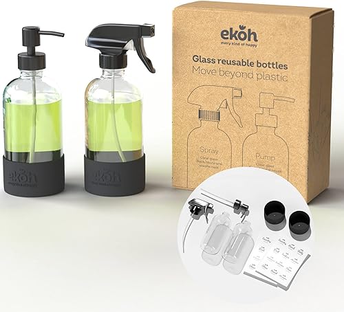 EKOH - Botellas de jabón de manos y platos de vidrio ámbar recargables de 16 onzas, paquete de 2 aerosoles negros + funda protectora de silicona