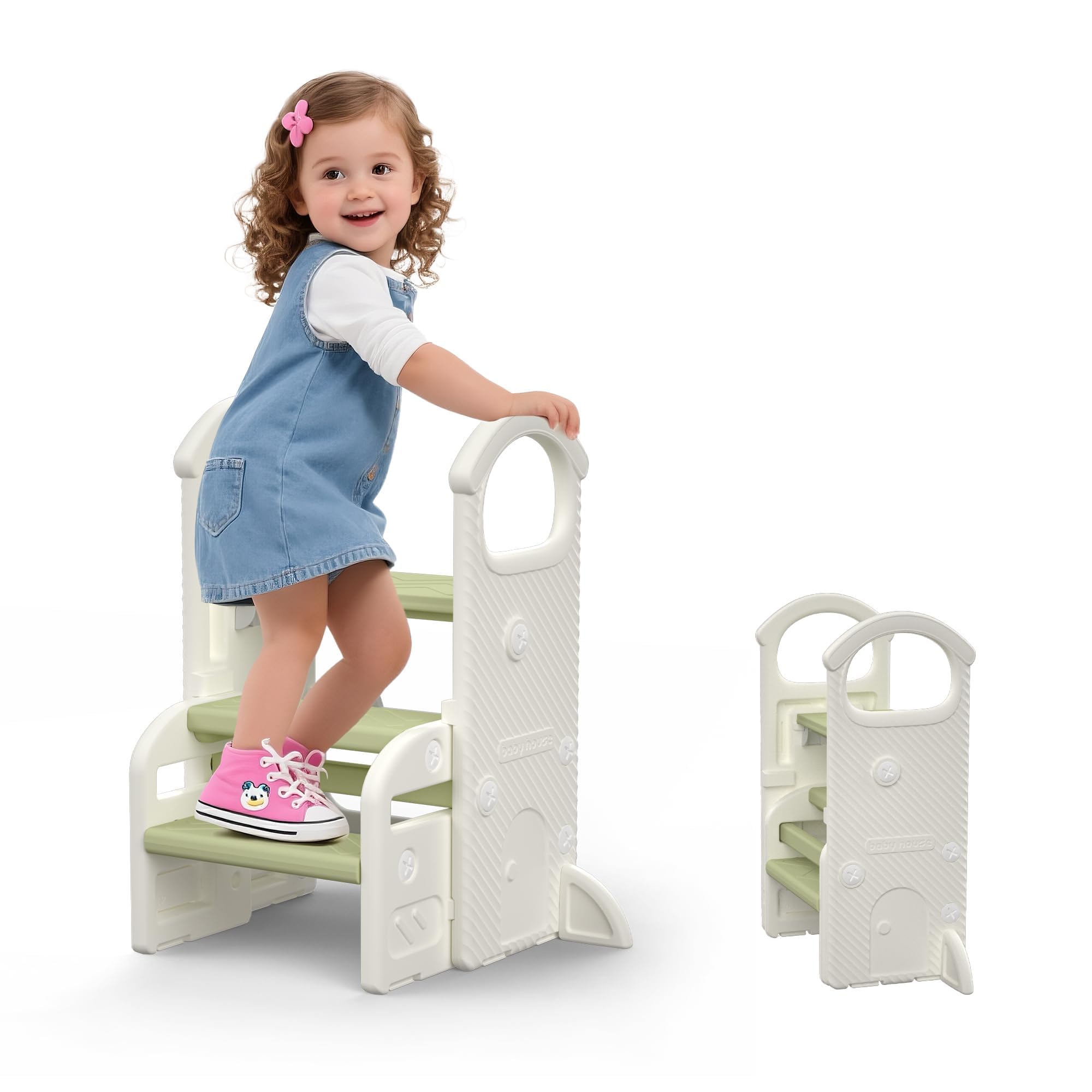 hoopyosms Taburete Infantil con Asas, Escalón Ajustable de 2 a 3 Niveles, Compacto y Antideslizante para Baño, Cocina, Inodoro y Lavabo(Verde)